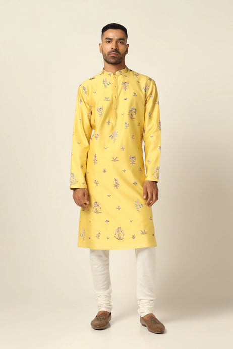 Brahaan Yellow Kurta Pajama with Floral Work for Raksha Bandhan