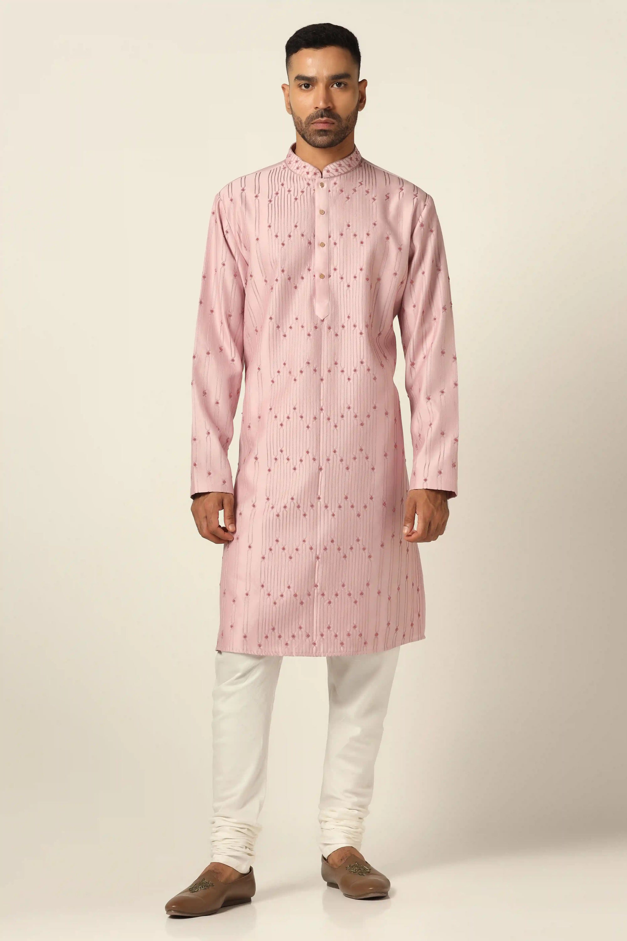 Elevate your style with this Chanderi Silk kurta pajama set. Shop Now!