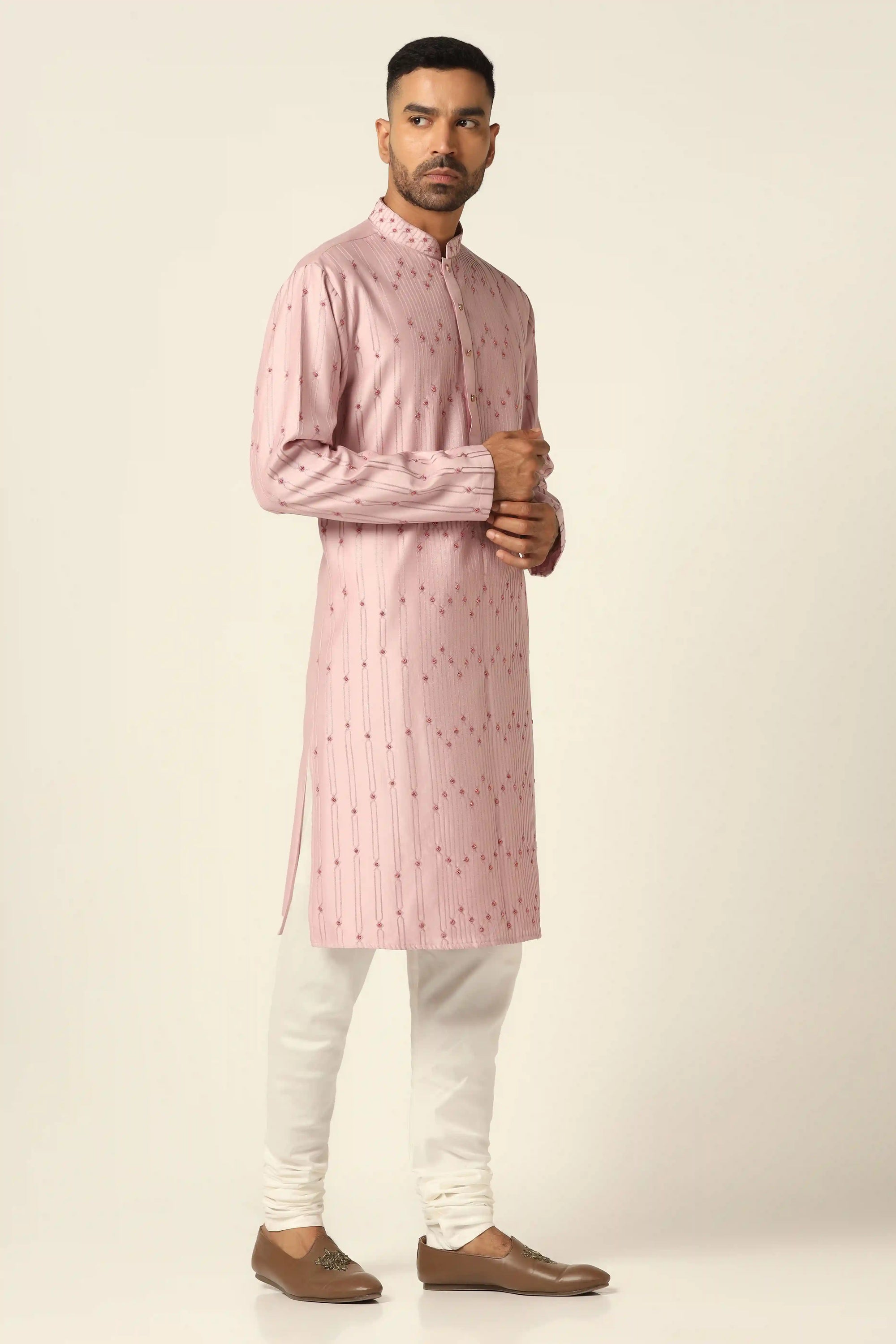 Elevate your style with this Chanderi Silk kurta pajama set. Shop Now!