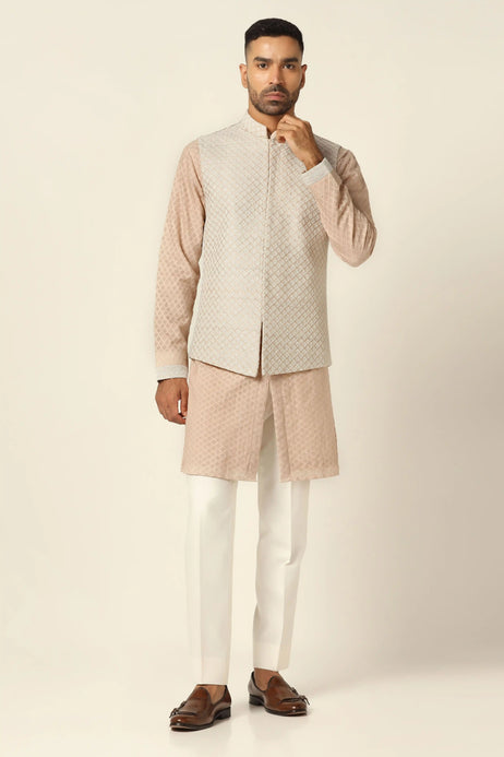 Brahaan Peach Embroidered Nehru Jacket Set for Men