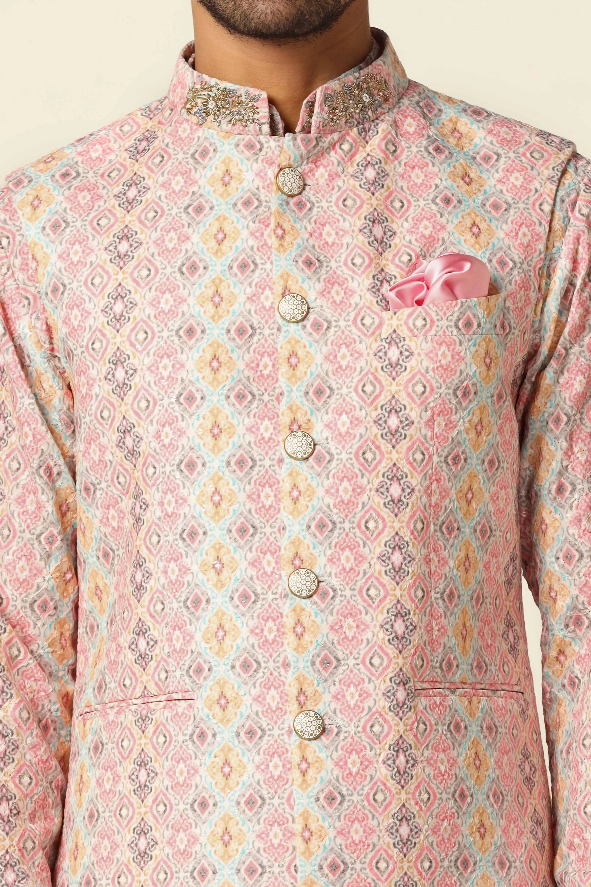 Peach Nehru Set combines timeless design and sophistication for a refined look. Shop now!