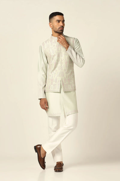 Step into comfort and style with our 100% cotton Nehru set. Featuring intricate thread embroidery on the jacket front, paired with a matching Kurta and off-white trouser.