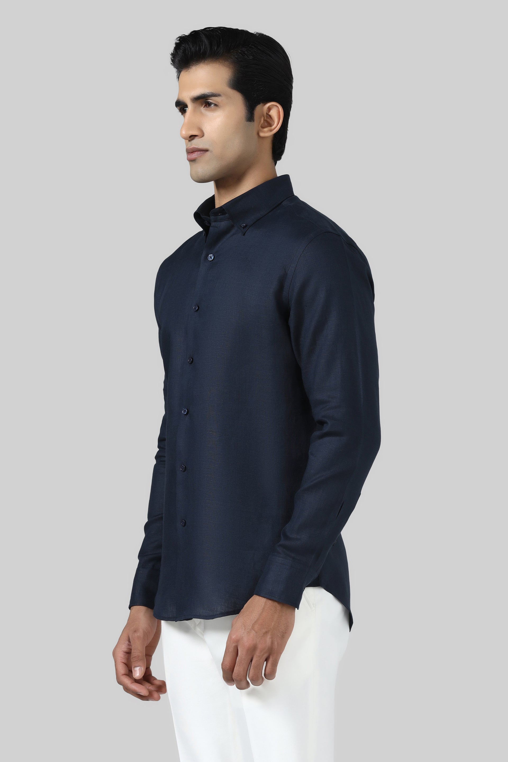 Brahaan Navy Slim Fit Linen Shirt for Men