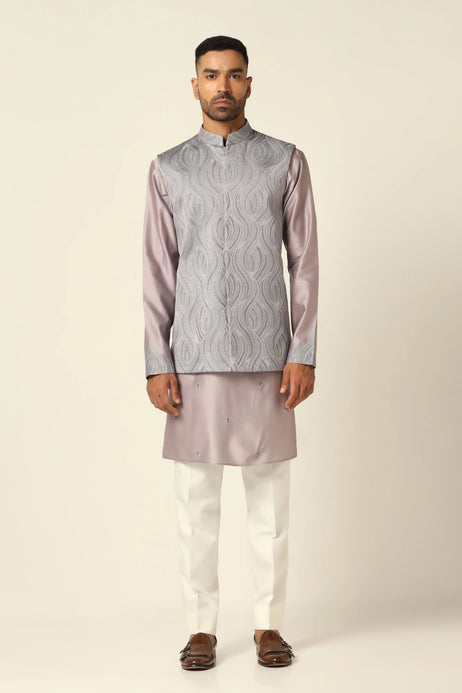 Brahaan Grey Embroidery Nehru Set for Men