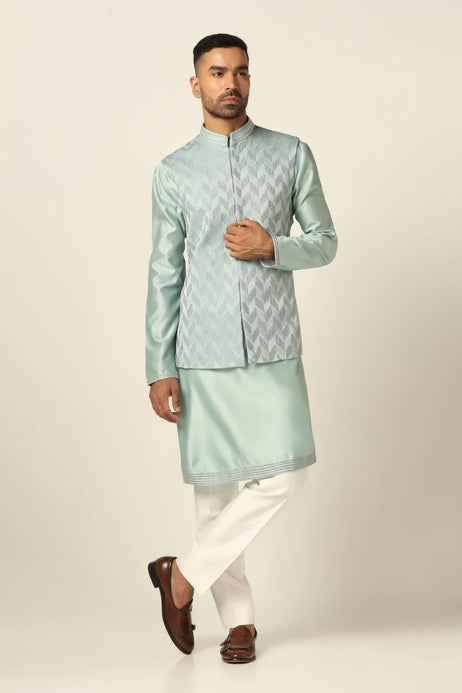Brahaan Blue Embroidered Nehru Set for Men