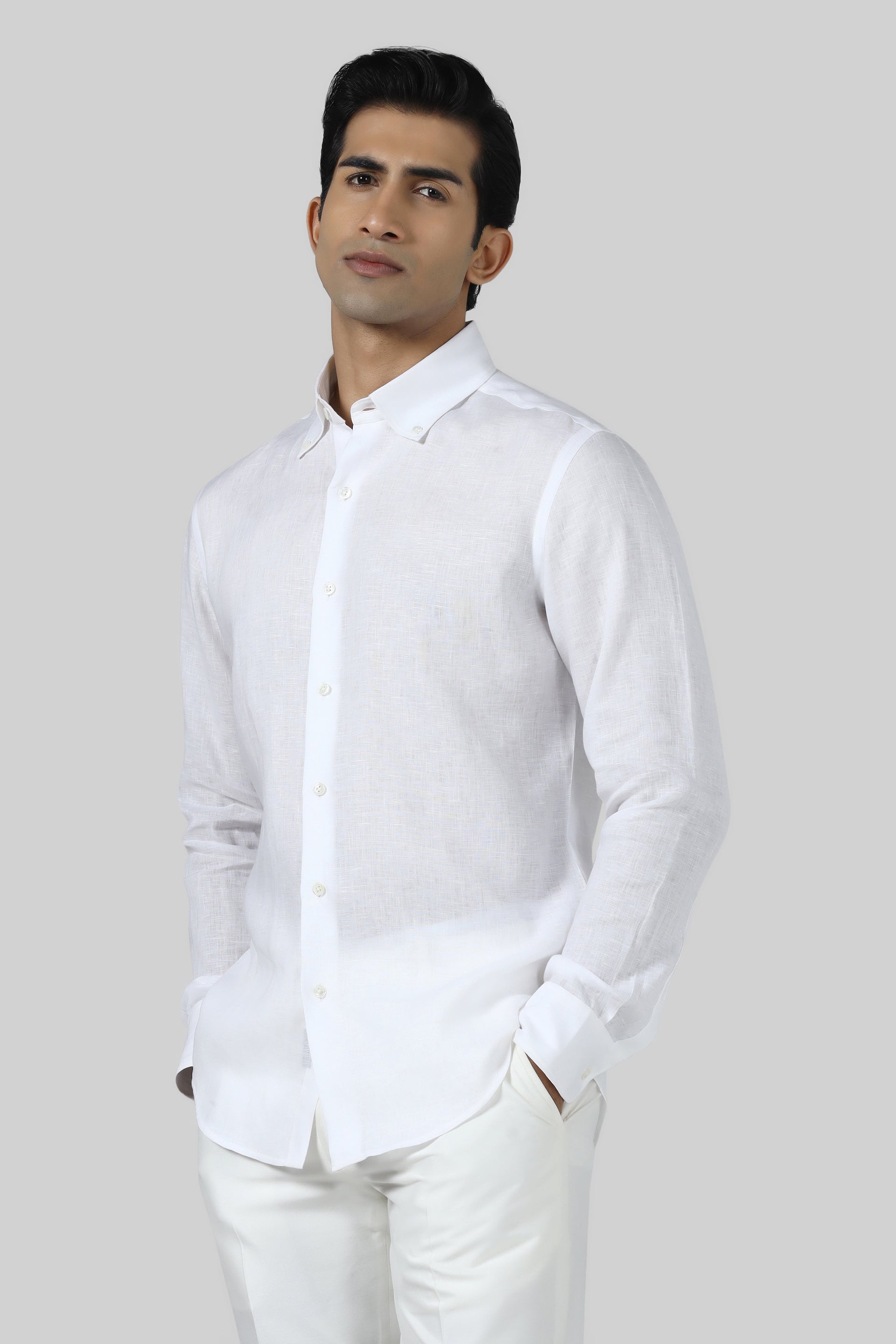 Brahaan White Slim Fit Linen Shirt for Men