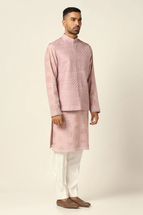 Brahaan Peach Nehru Jacket Set for Men
