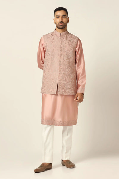 Add elegance to your ensemble with our Nehru set, featuring intricate thread embroidery on the jacket. Paired with a matching kurta and off-white trousers for a refined look.