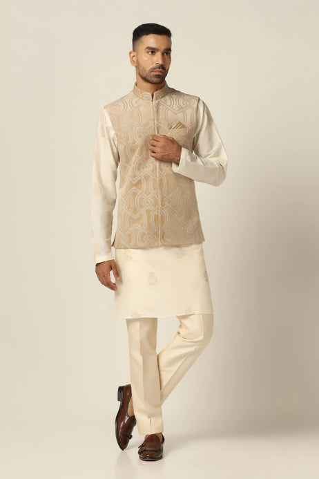 Brahaan Off-White Kurta Set with Nehru Jacket for Men