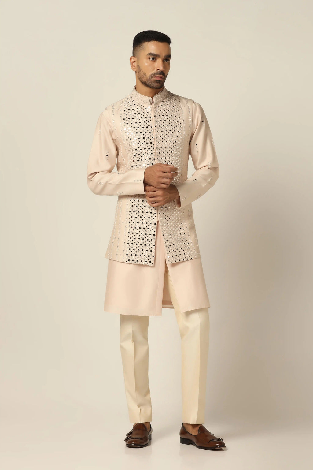 Peach Embroidered Nehru Set