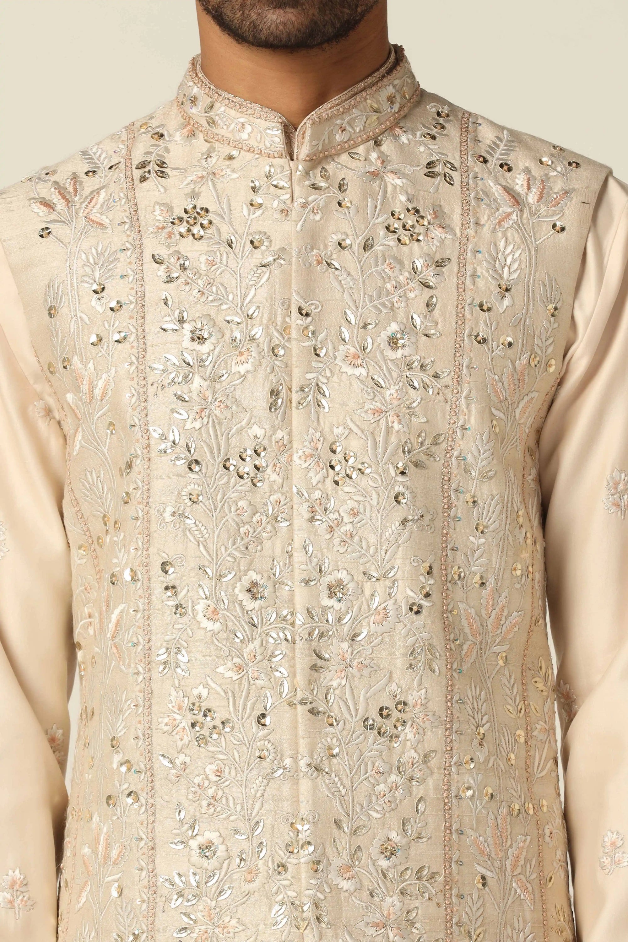 Experience classic elegance with Off-white Nehru Jacket Set. Shop Now!