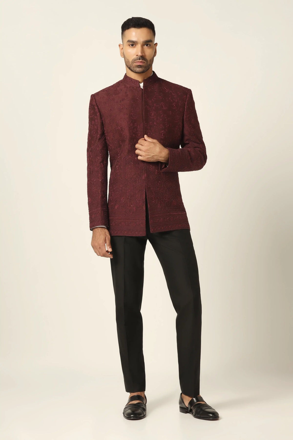 Brahaan Maroon Bandhgala Suit with Embroidery Work
