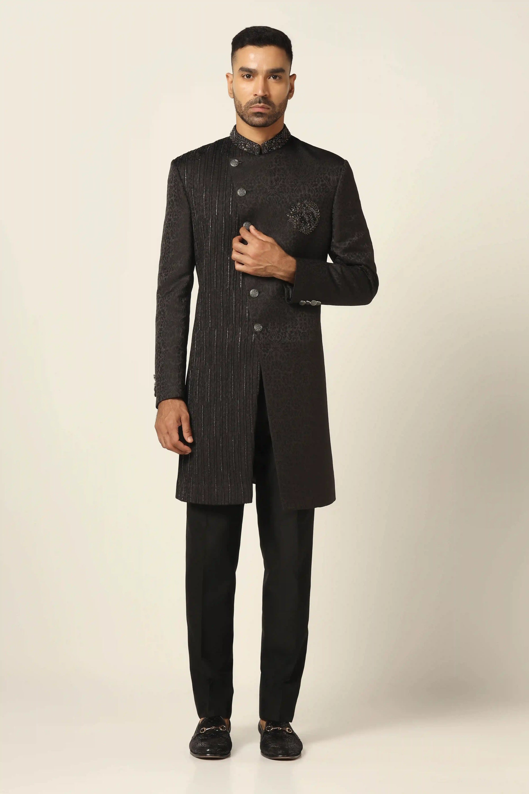 Embrace timeless elegance with black embroidered Indowestern. Shop now!