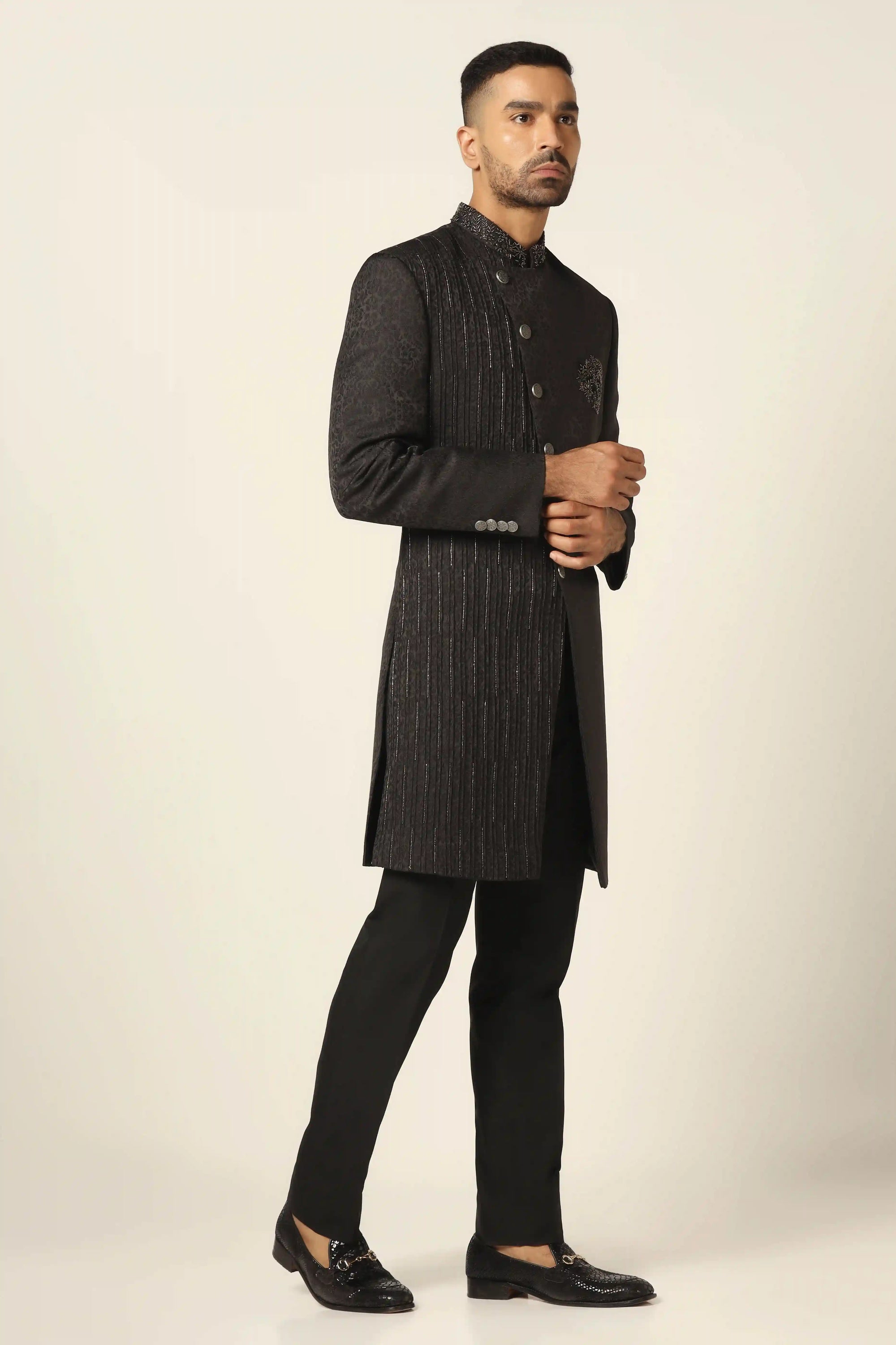 Embrace timeless elegance with black embroidered Indowestern. Shop now!