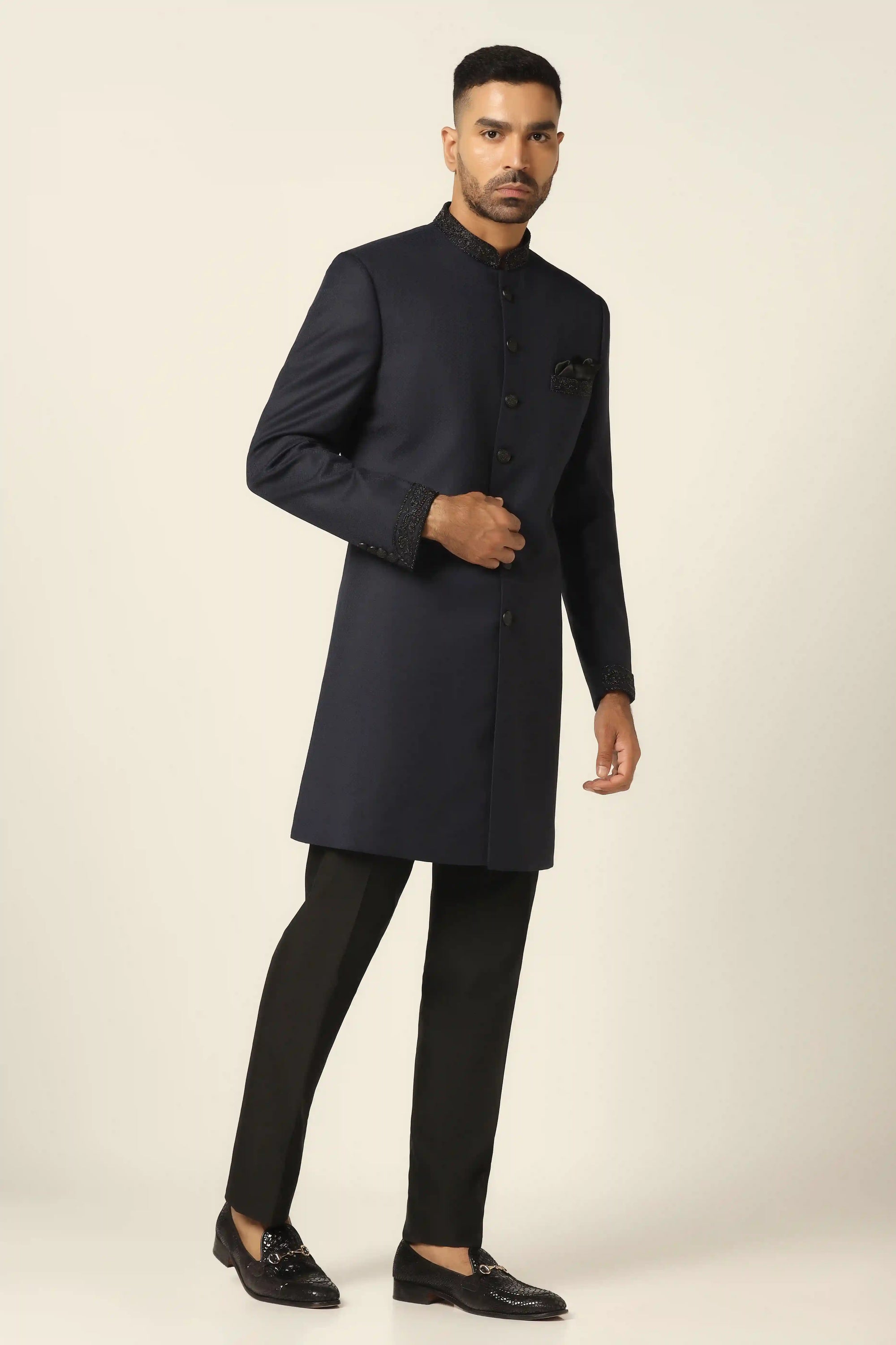 Redefine style and sophistication with the Navy Indowestern, crafted to perfection. Shop now!