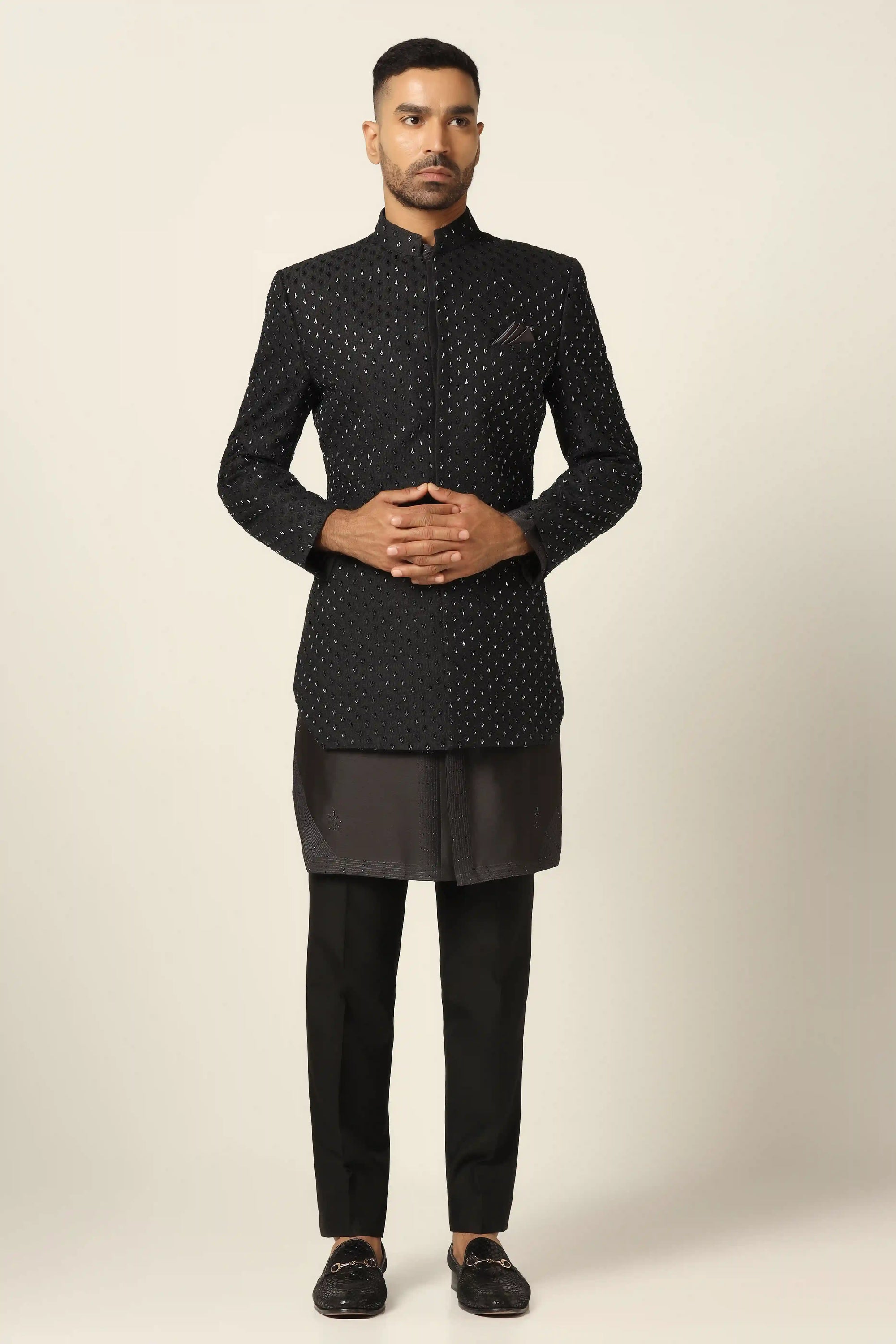 Add timeless charm to your style with the Black Embroidered Indowestern. Shop now!