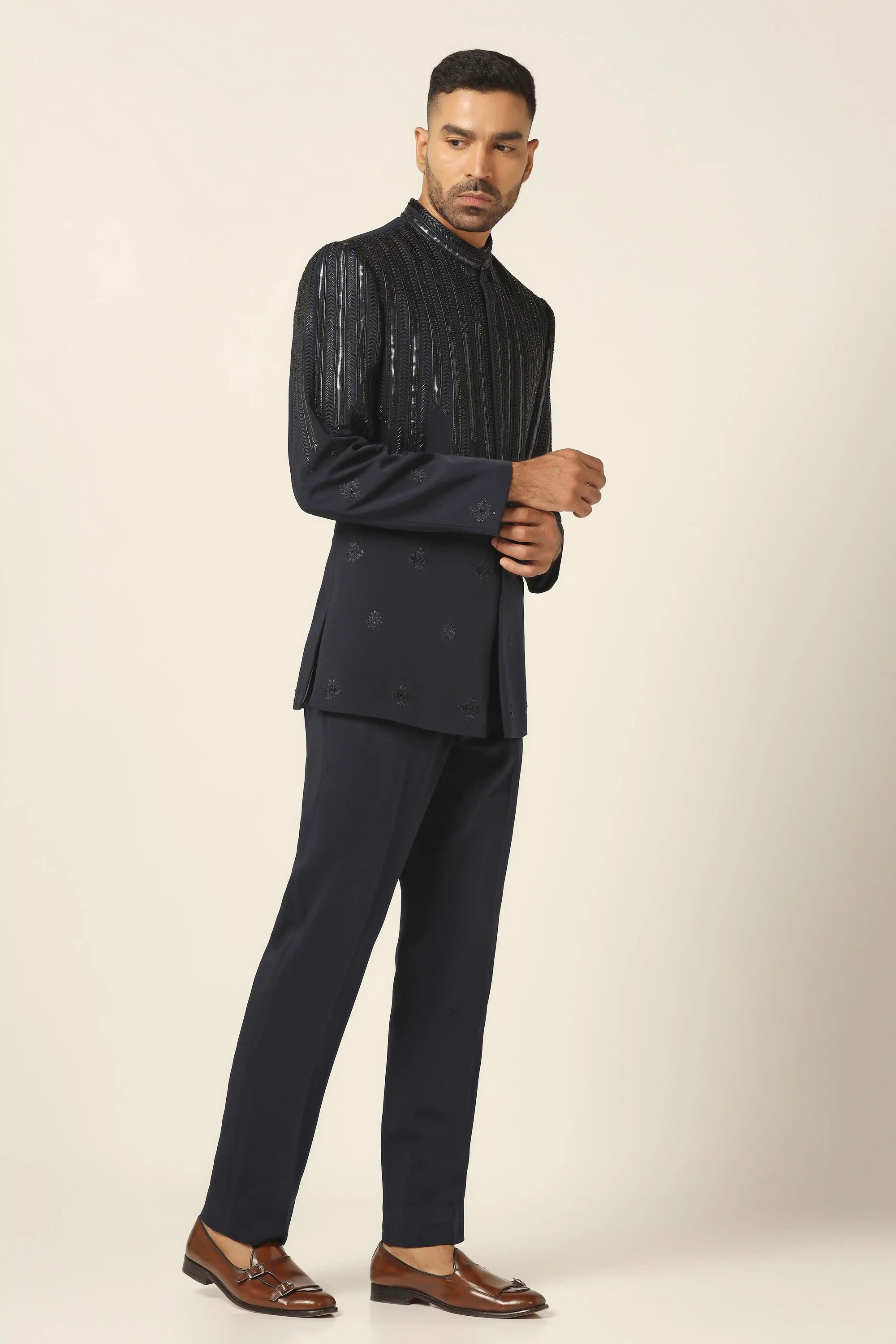 Elevate your style with our Navy bandhgala. Featuring design with thread embroidery. Shop Now!