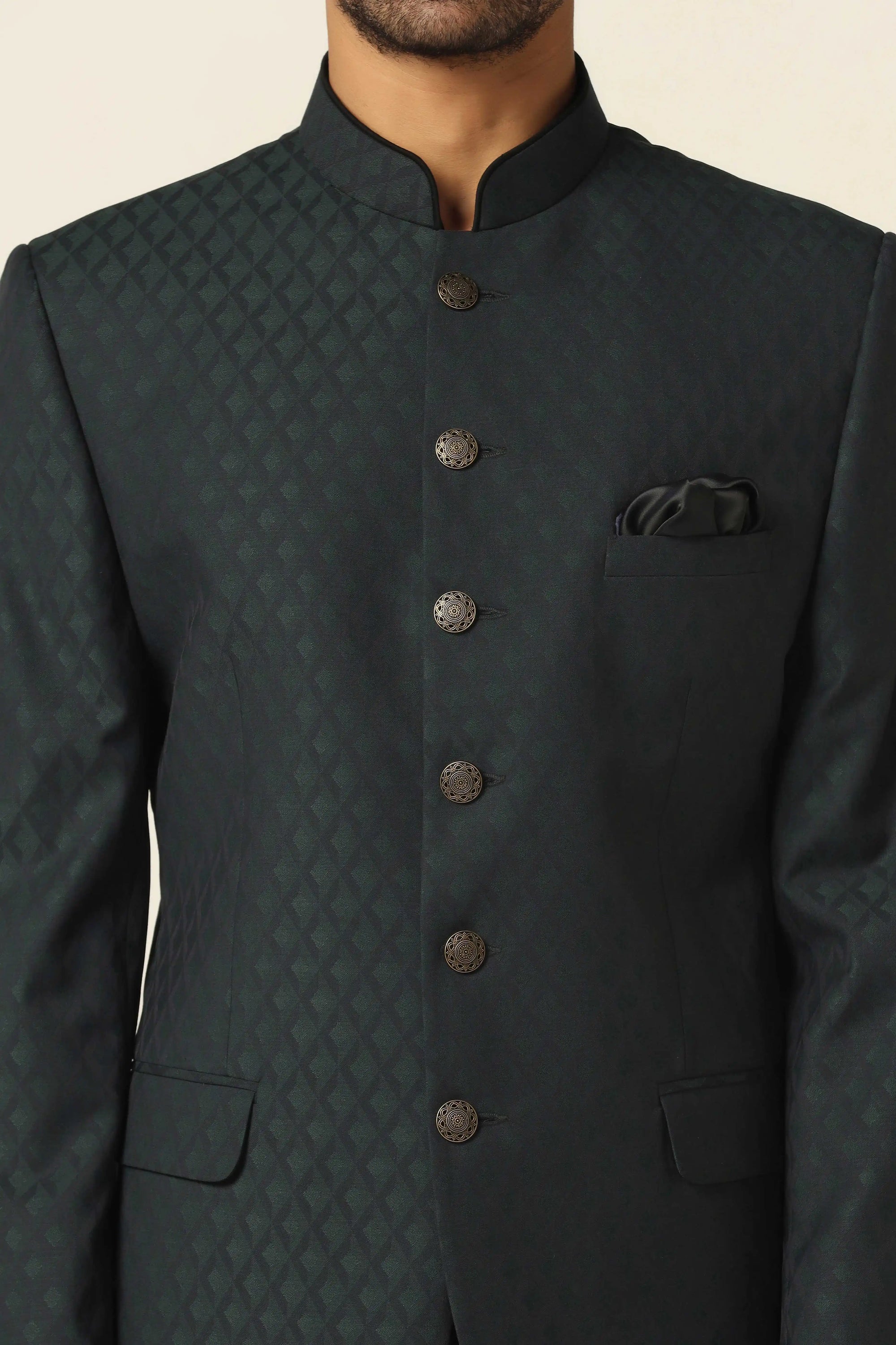 Step into sophistication with a Navy textured bandhgala suit, designed for elegance. Shop Now!