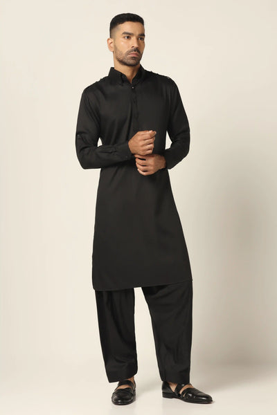 This Black Pathani suit features a collar neck and shoulder flaps, paired with a matching Salwar for a classic ensemble.