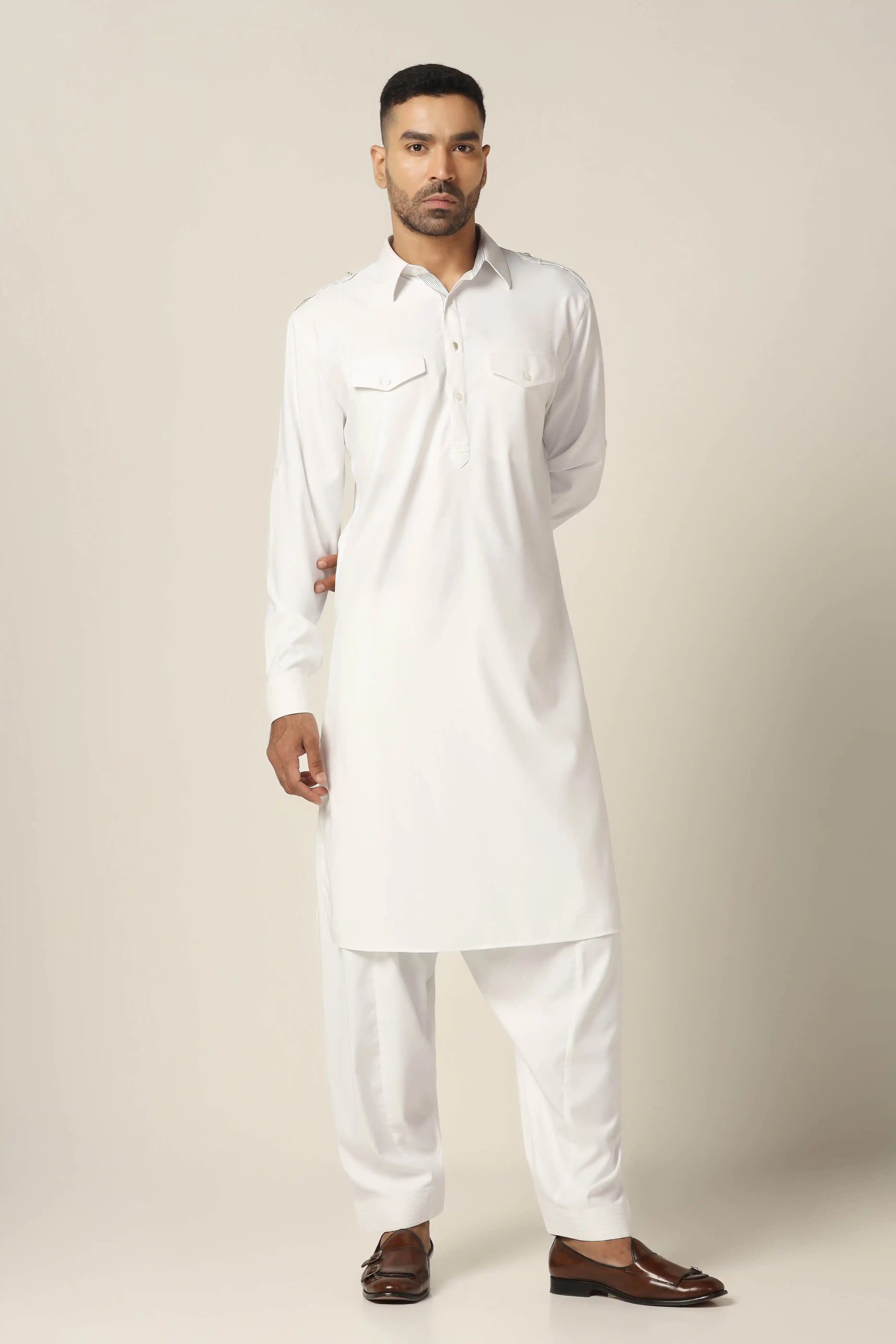 Pathani White Color White Pathani Suit for Traditional Wear – Brahaan