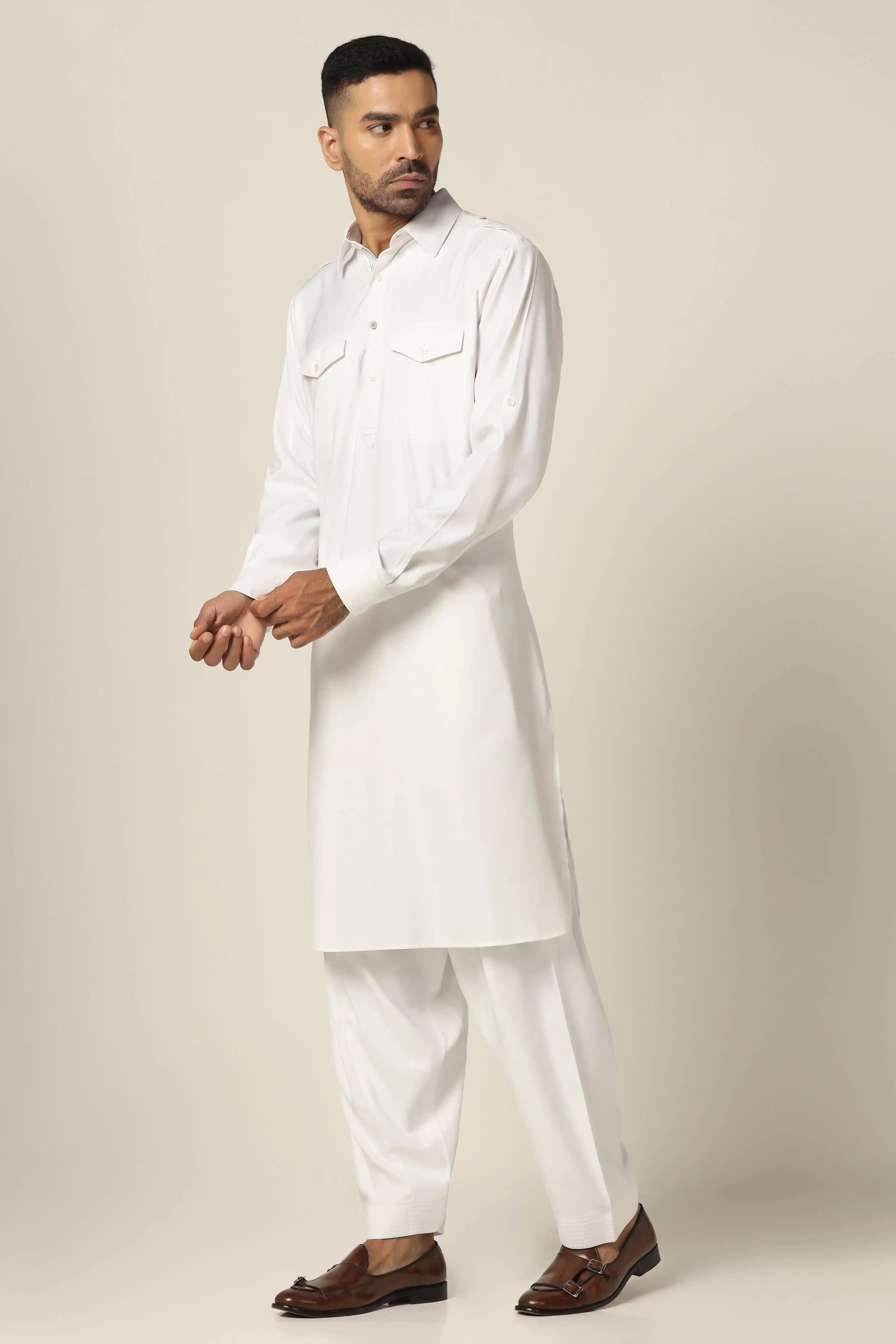 Pathani White Color White Pathani Suit for Traditional Wear – Brahaan