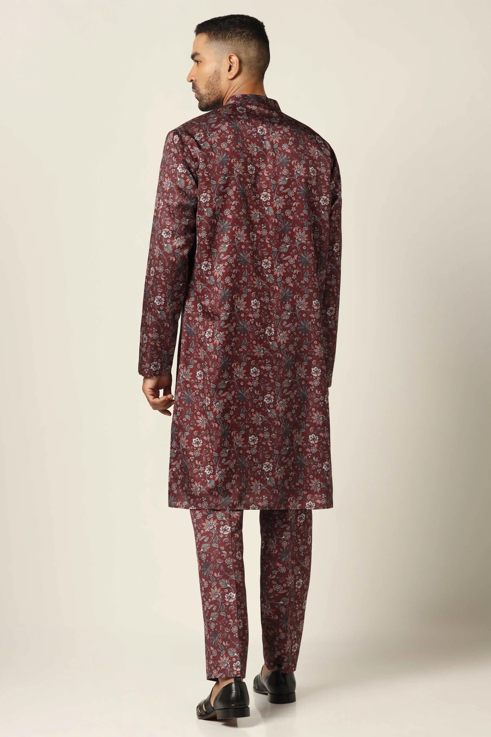 Dress in tradition and comfort with our Wine printed kurta pajama set. Shop Now!