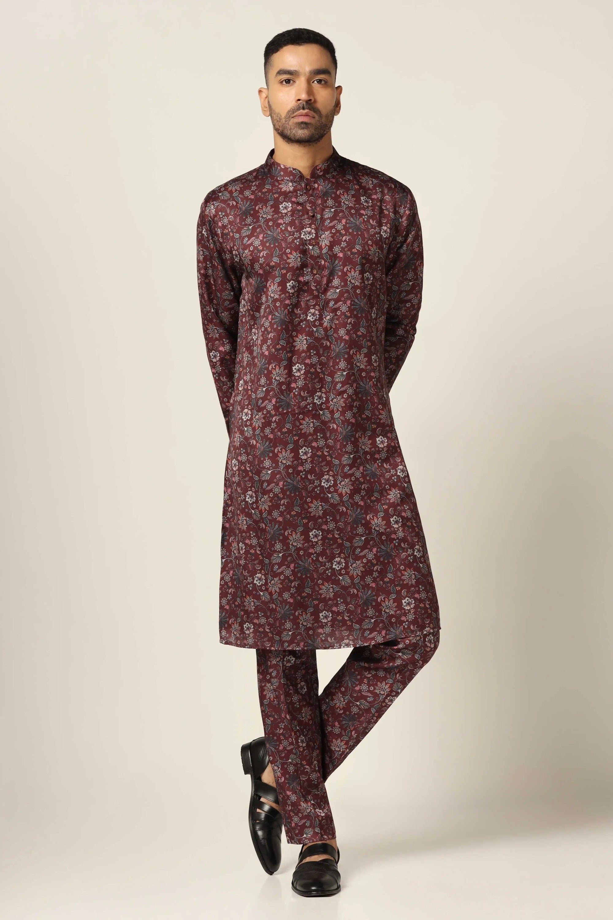 Dress in tradition and comfort with our Wine printed kurta pajama set. Shop Now!