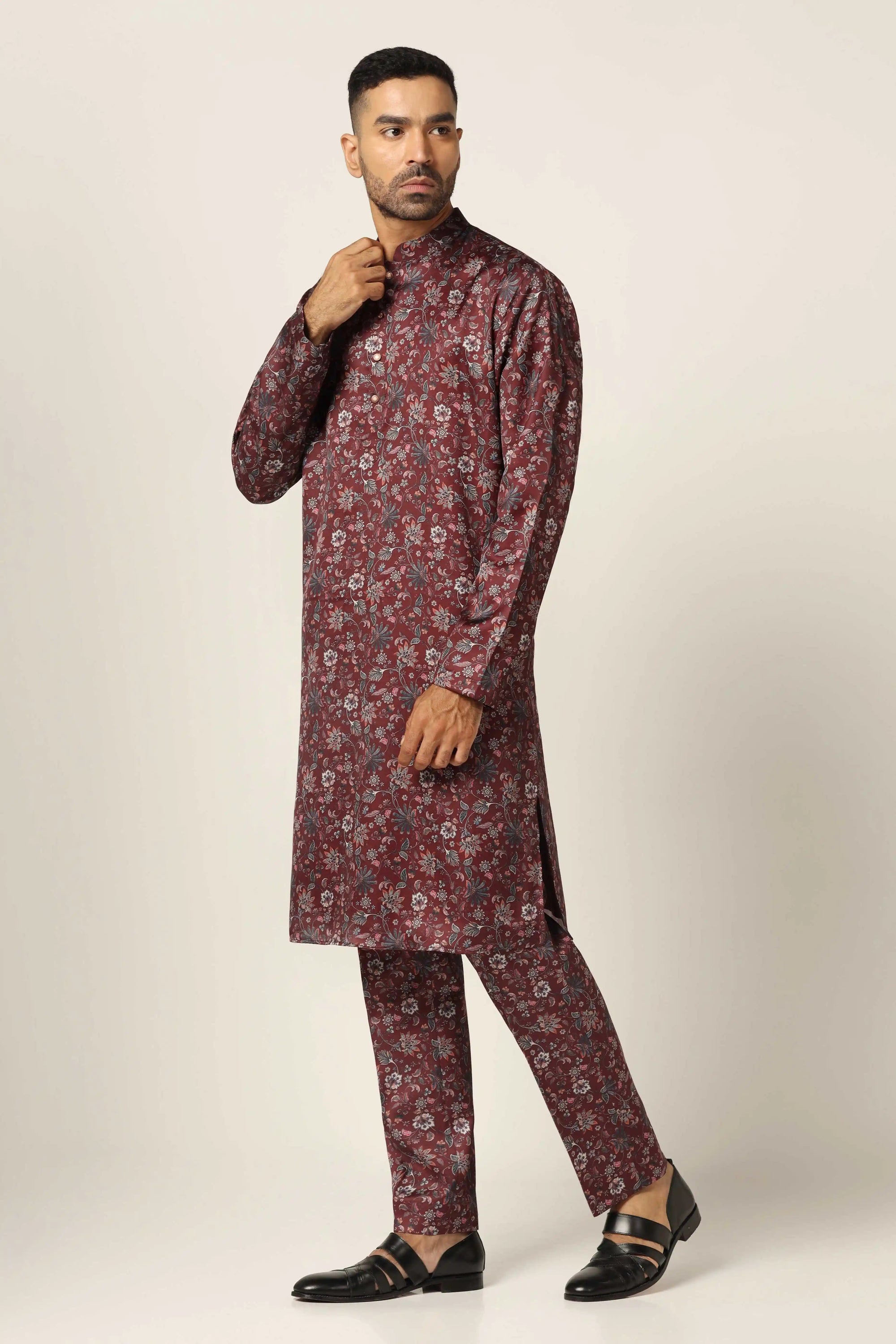 Dress in tradition and comfort with our Wine printed kurta pajama set. Shop Now!
