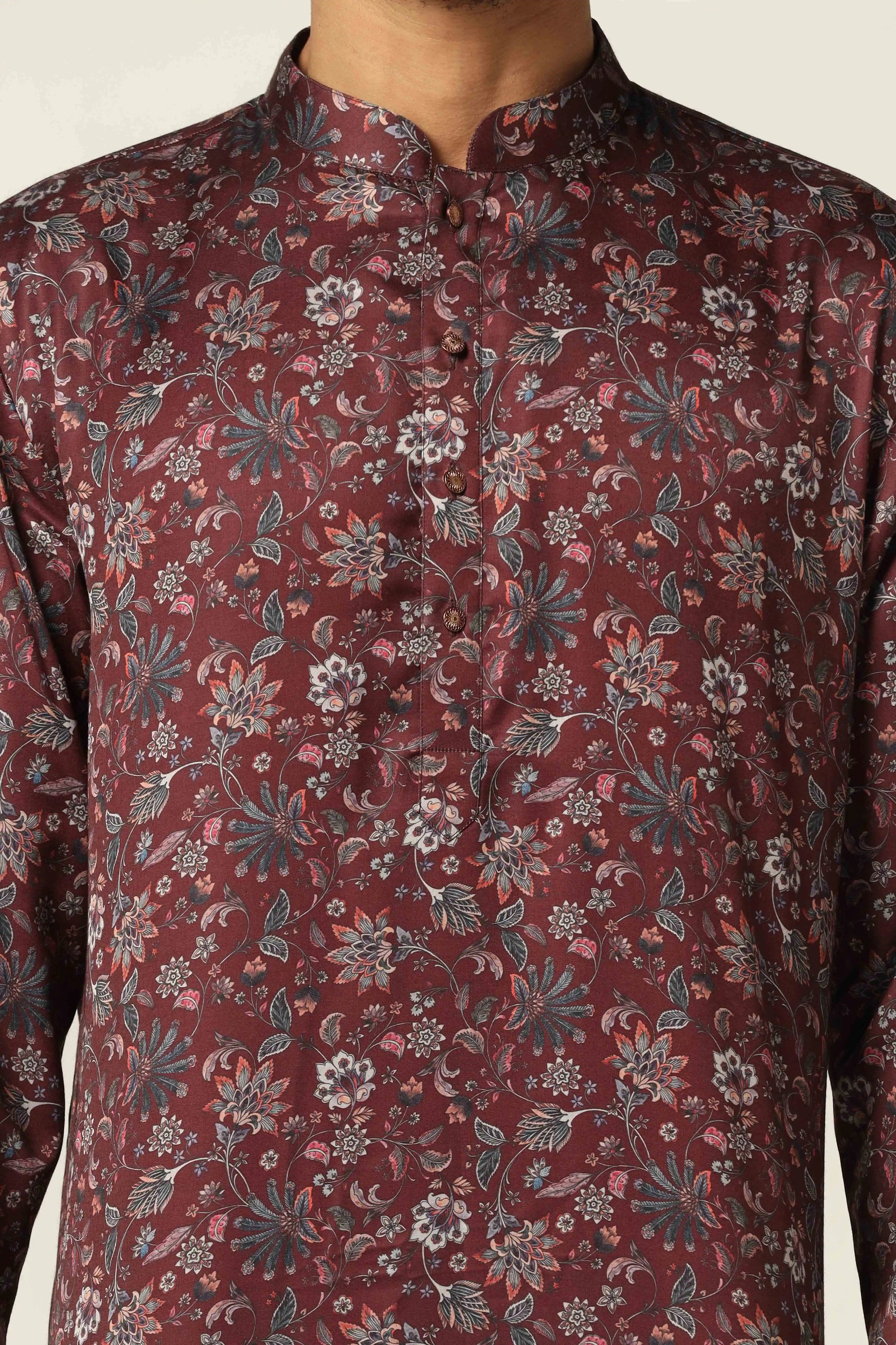 Dress in tradition and comfort with our Wine printed kurta pajama set. Shop Now!