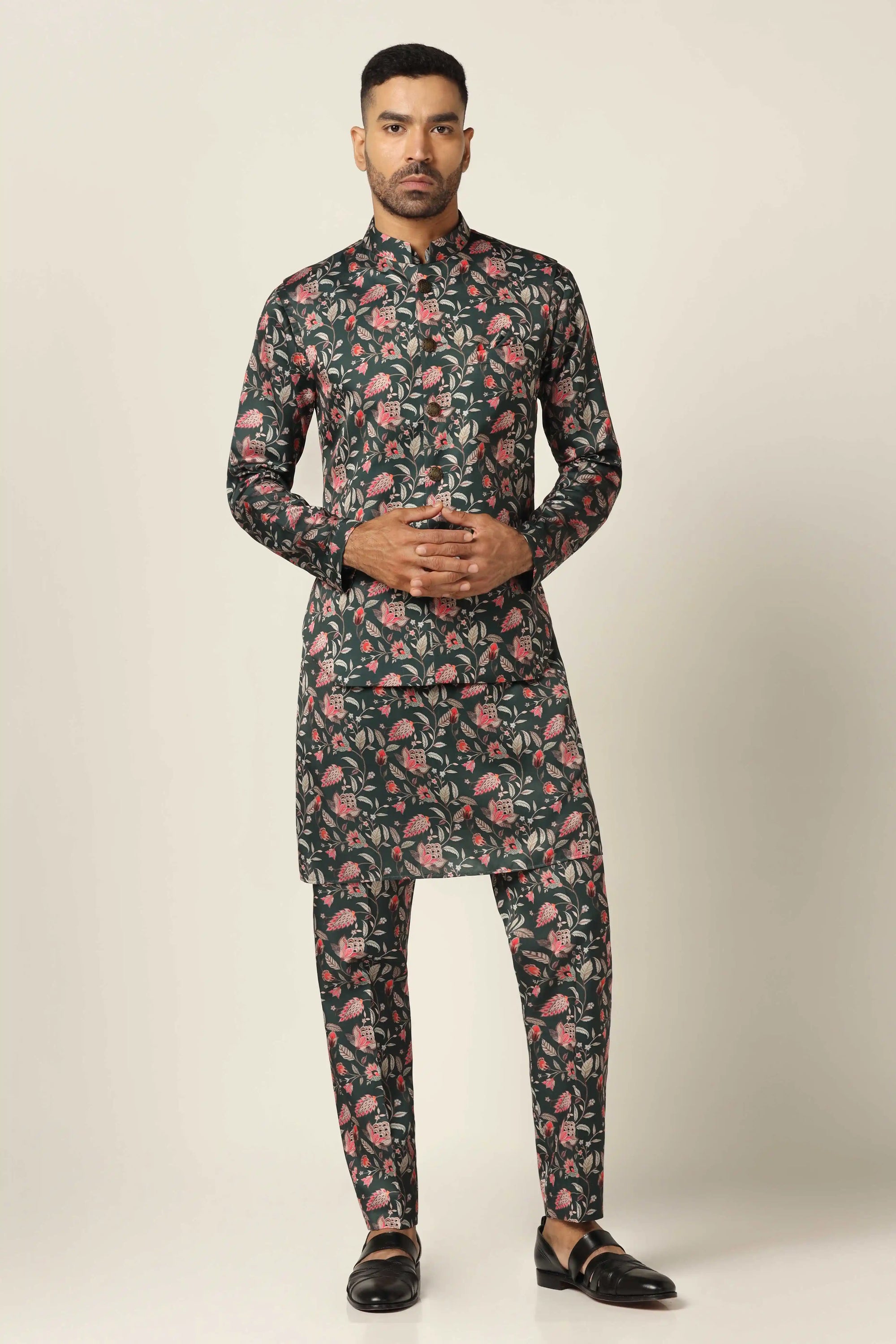 Turn heads with the Green Nehru Set in floral print. Shop Now!