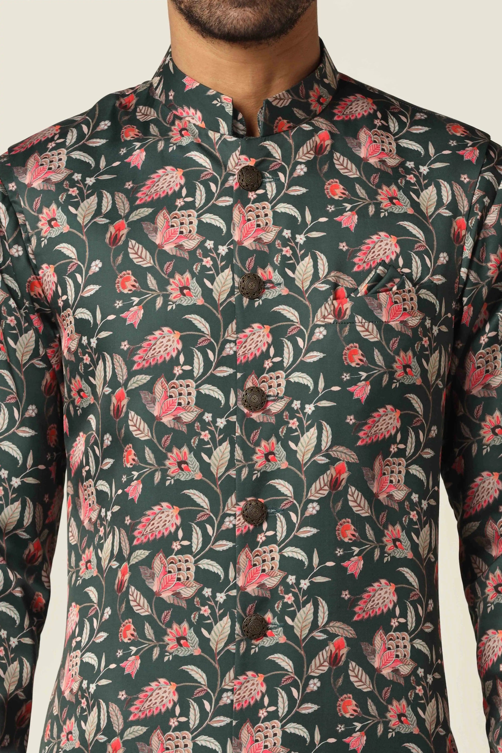 Turn heads with the Green Nehru Set in floral print. Shop Now!