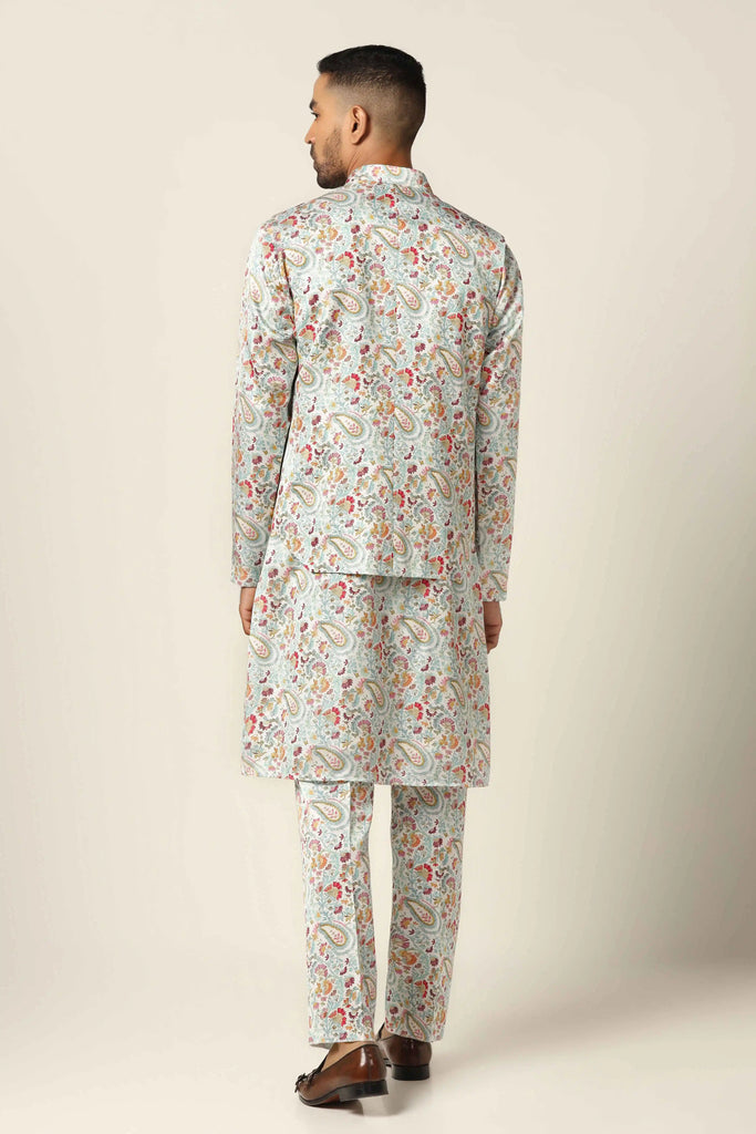 Elevate your ensemble with our Nehru set adorned with captivating floral print throughout. Complete with a matching kurta and trousers for effortless sophistication.