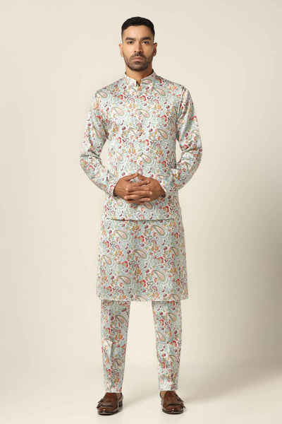 Elevate your ensemble with our Nehru set adorned with captivating floral print throughout. Complete with a matching kurta and trousers for effortless sophistication.