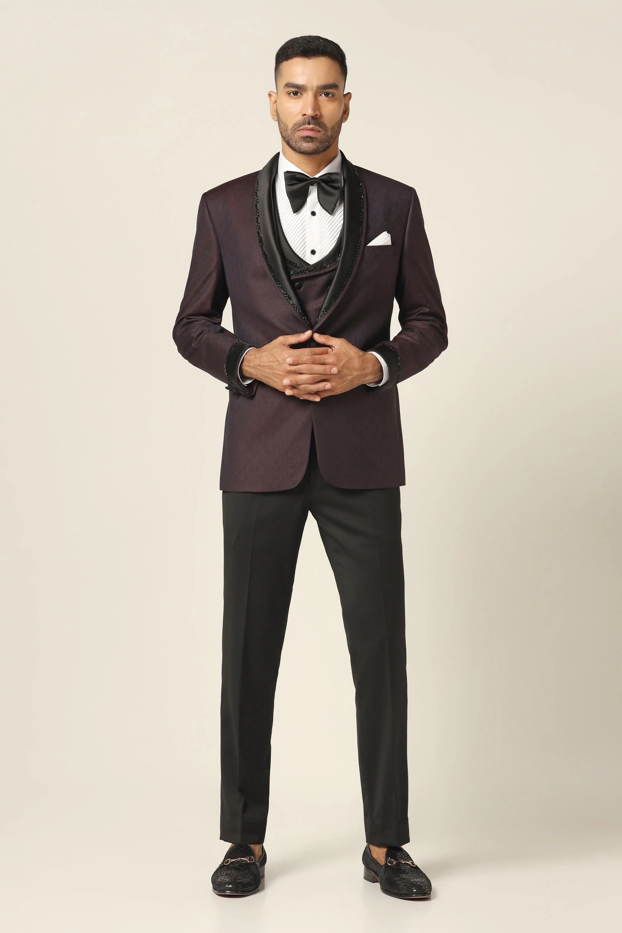 Elevate your formal wear with the elegant Wine embroidered tuxedo. Shop now!