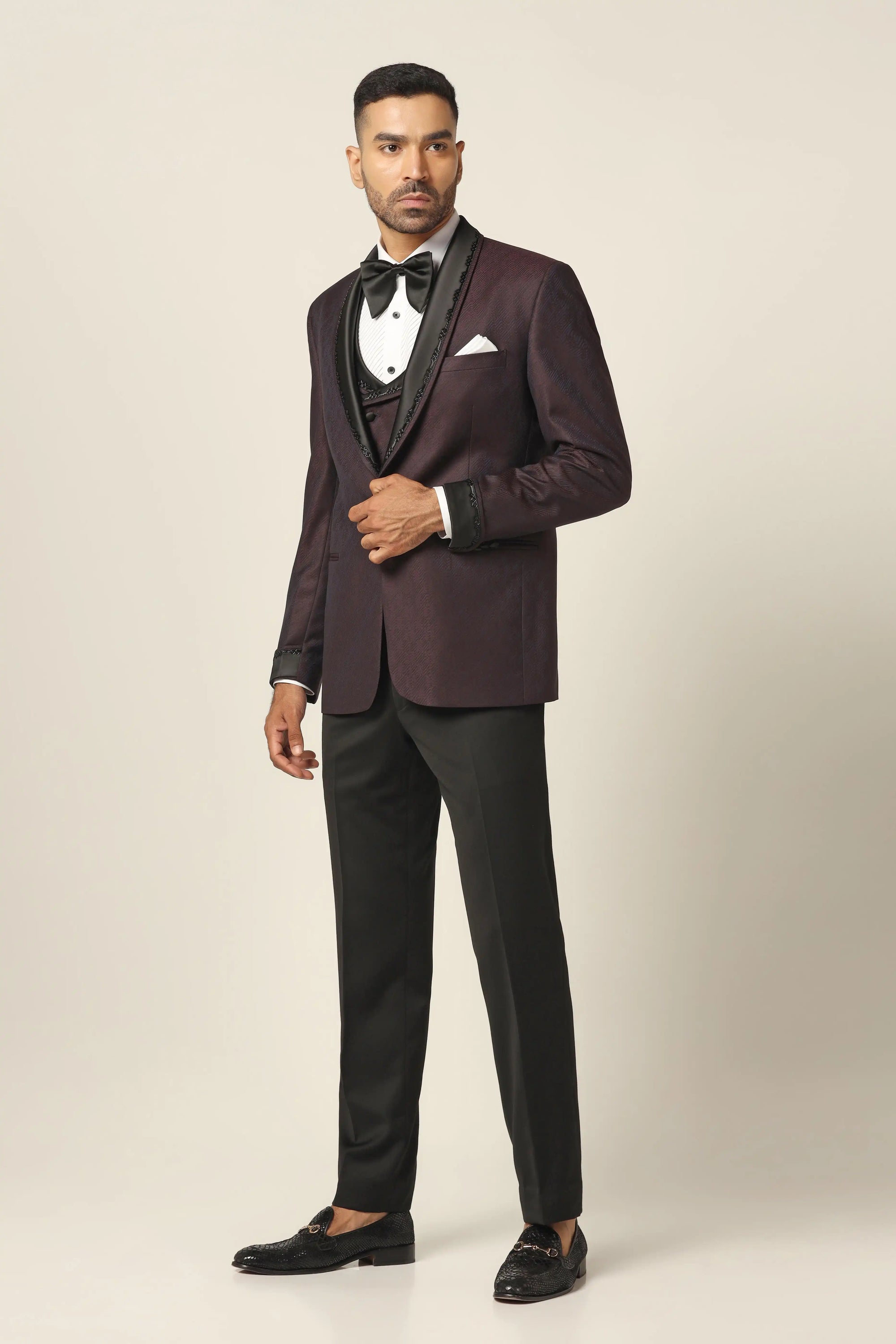Elevate your formal wear with the elegant Wine embroidered tuxedo. Shop now!