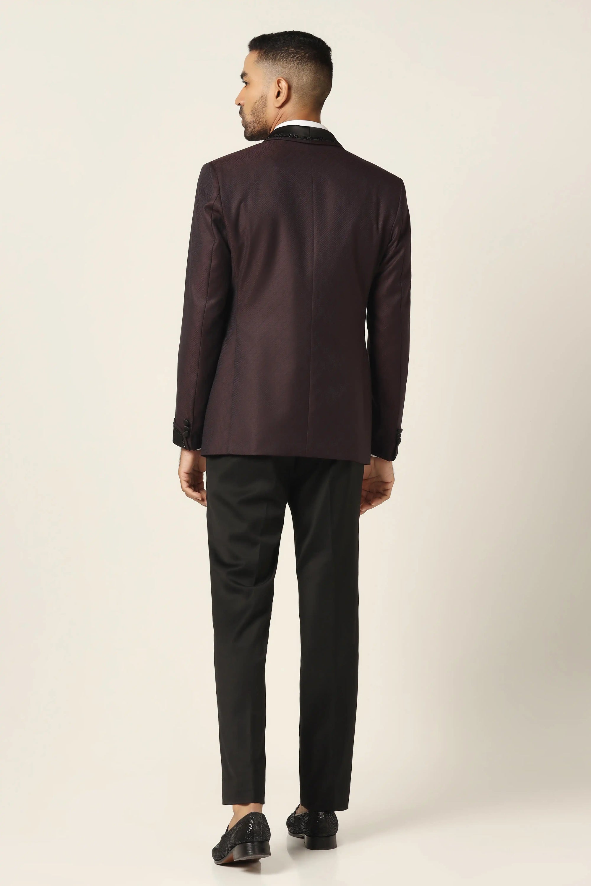 Elevate your formal wear with the elegant Wine embroidered tuxedo. Shop now!