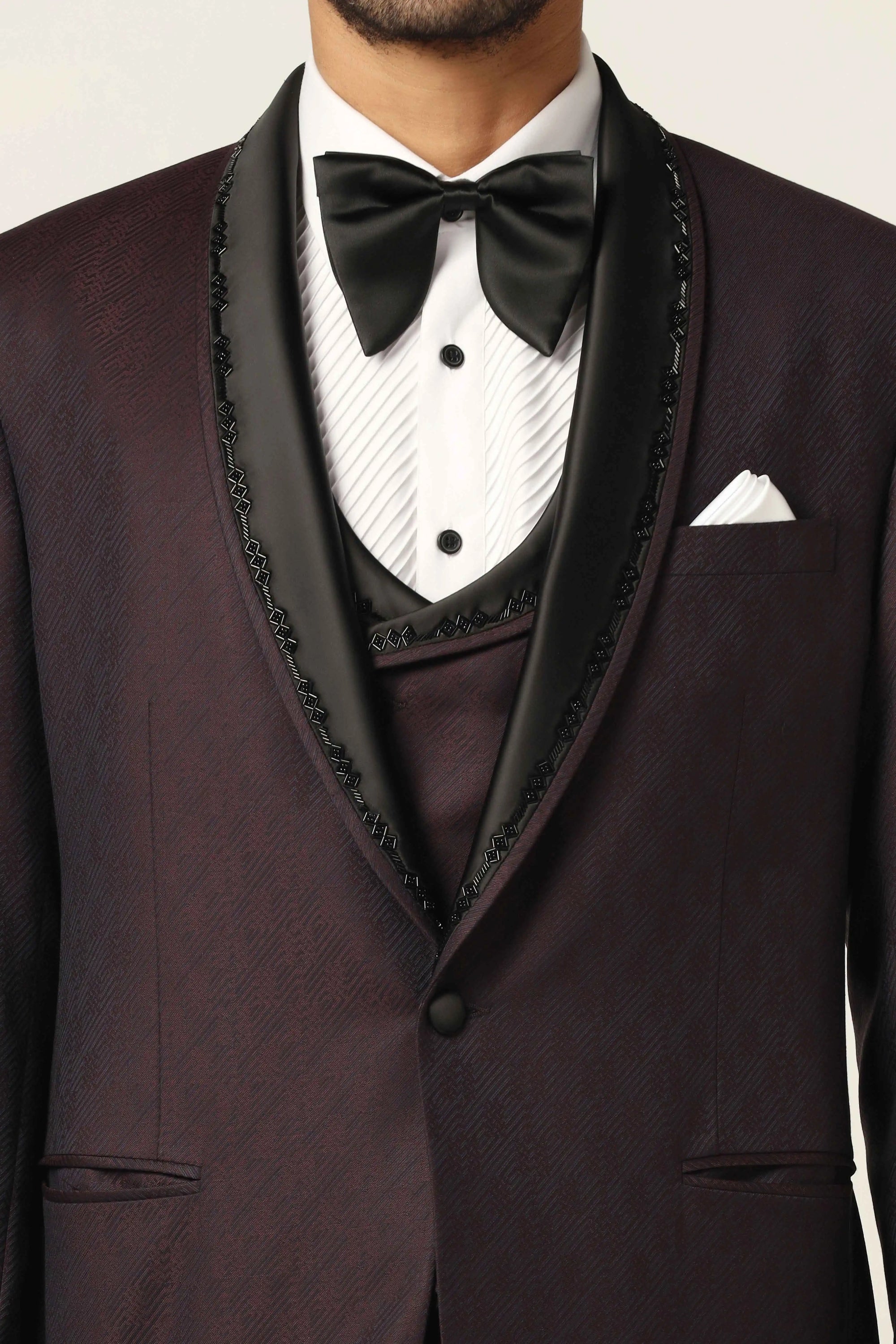 Elevate your formal wear with the elegant Wine embroidered tuxedo. Shop now!