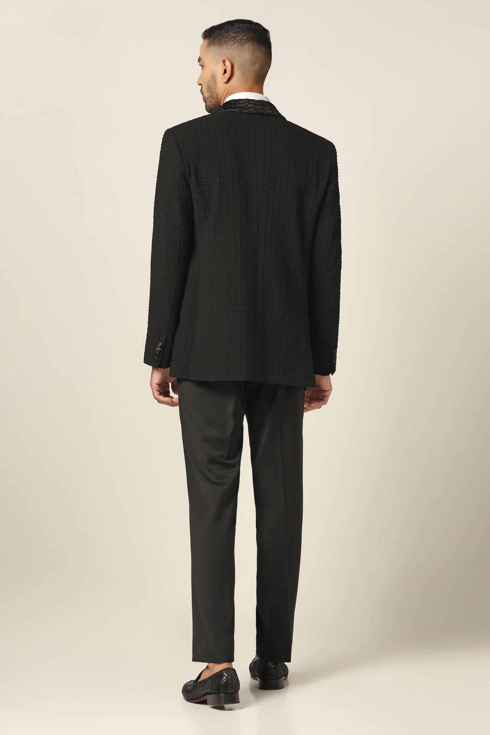 Elevate style with our Navy Tuxedo. Shawl collar, subtle embroidery, geometric texture. Shop Now!