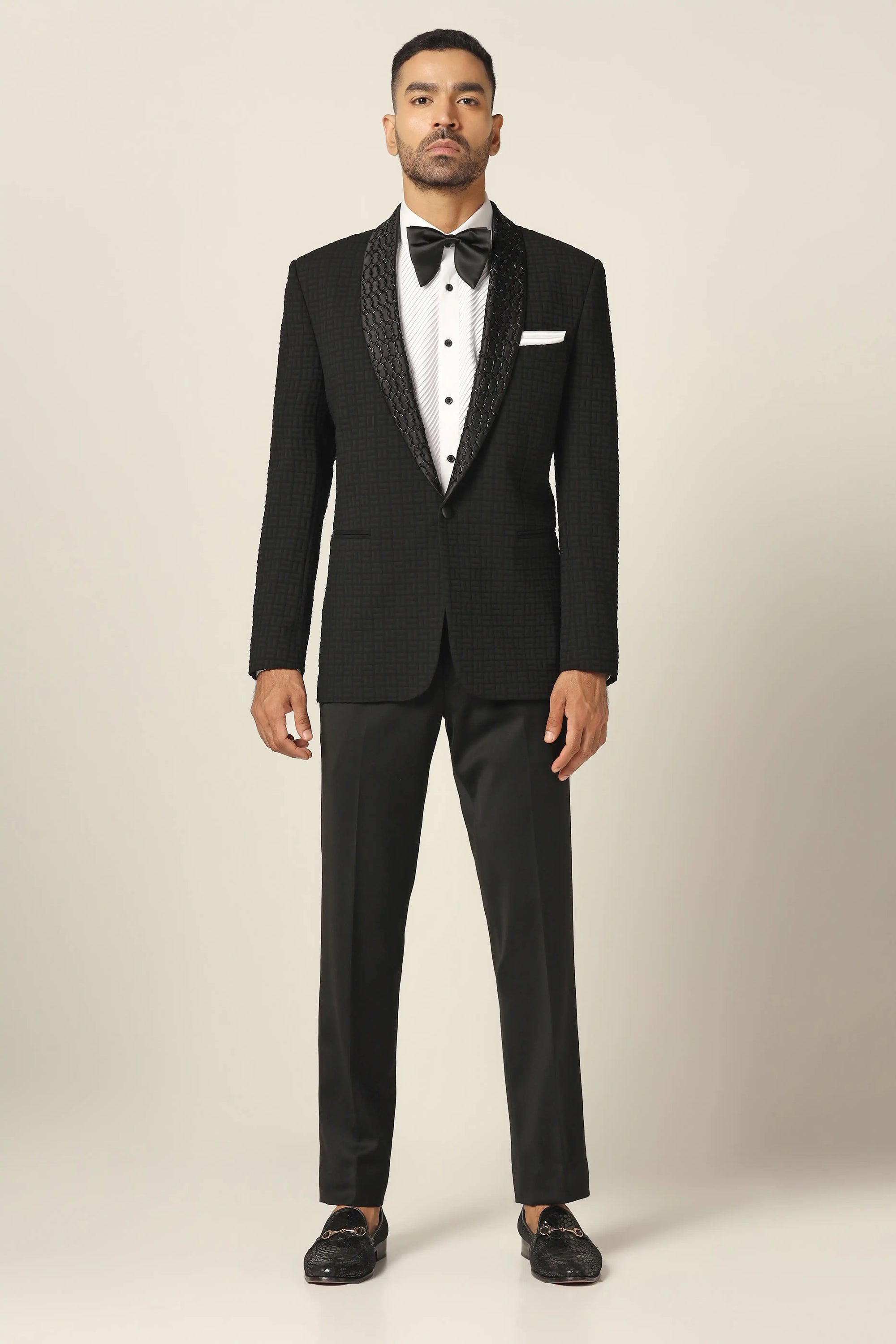 Elevate style with our Navy Tuxedo. Shawl collar, subtle embroidery, geometric texture. Shop Now!