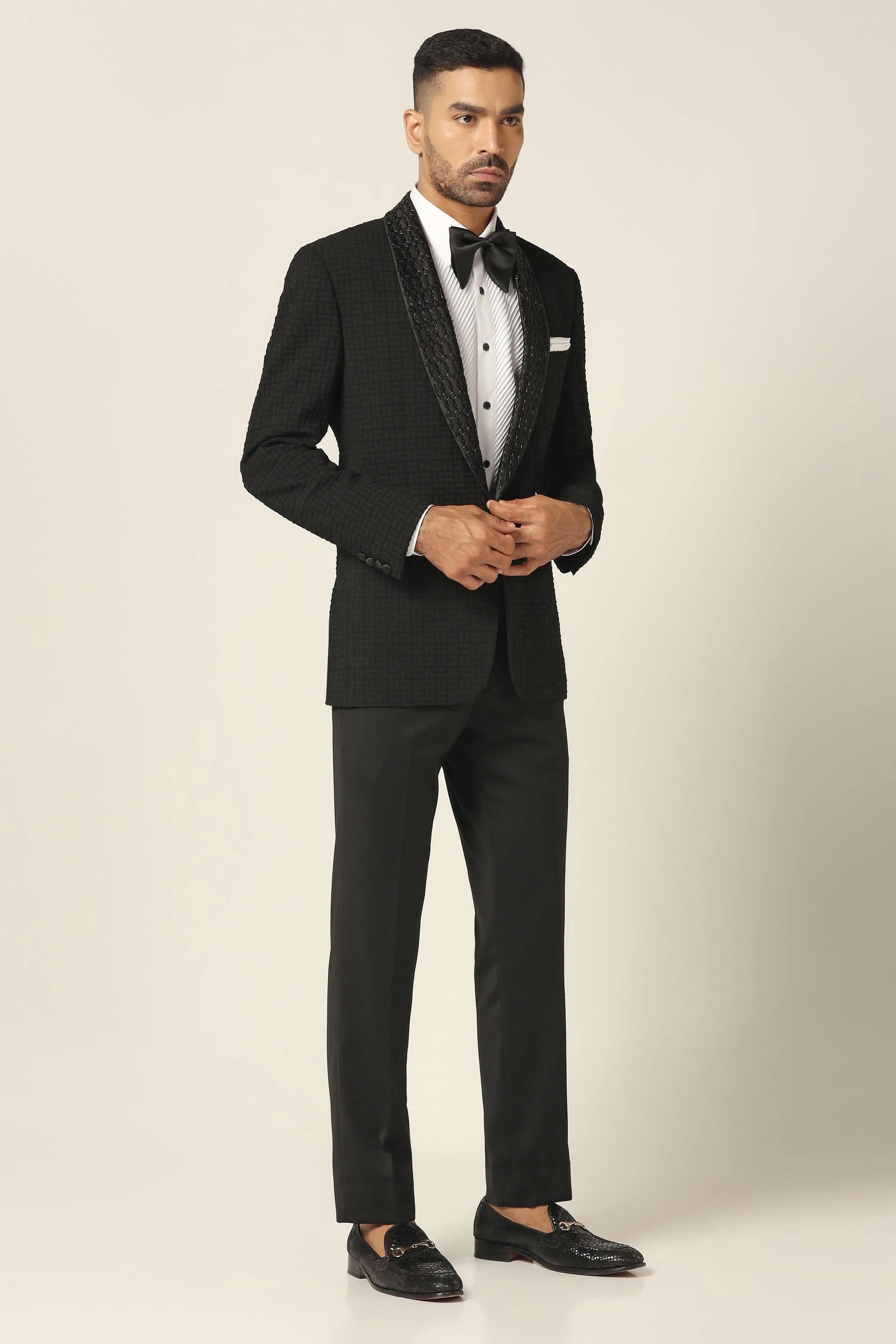 Elevate style with our Navy Tuxedo. Shawl collar, subtle embroidery, geometric texture. Shop Now!