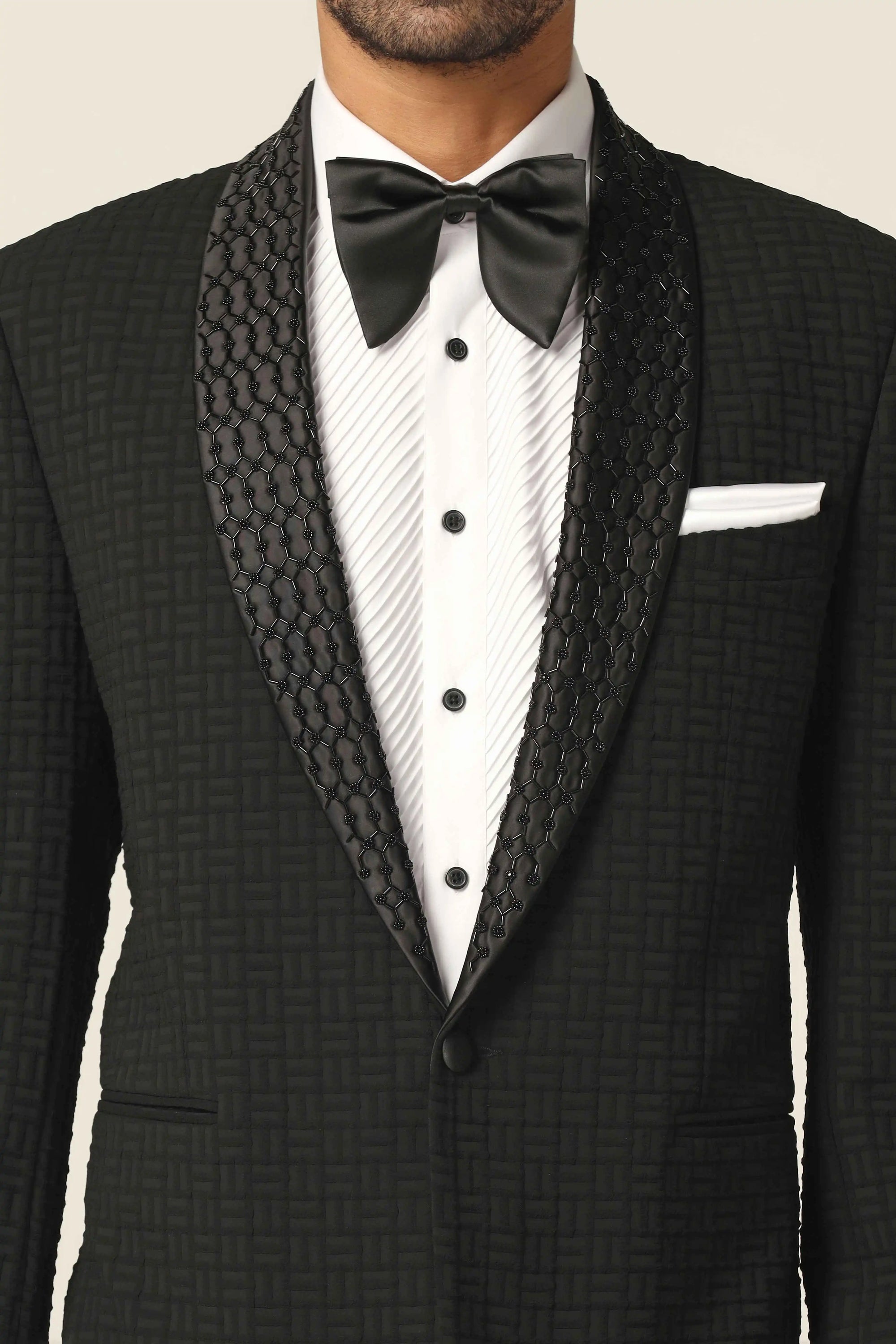 Elevate style with our Navy Tuxedo. Shawl collar, subtle embroidery, geometric texture. Shop Now!