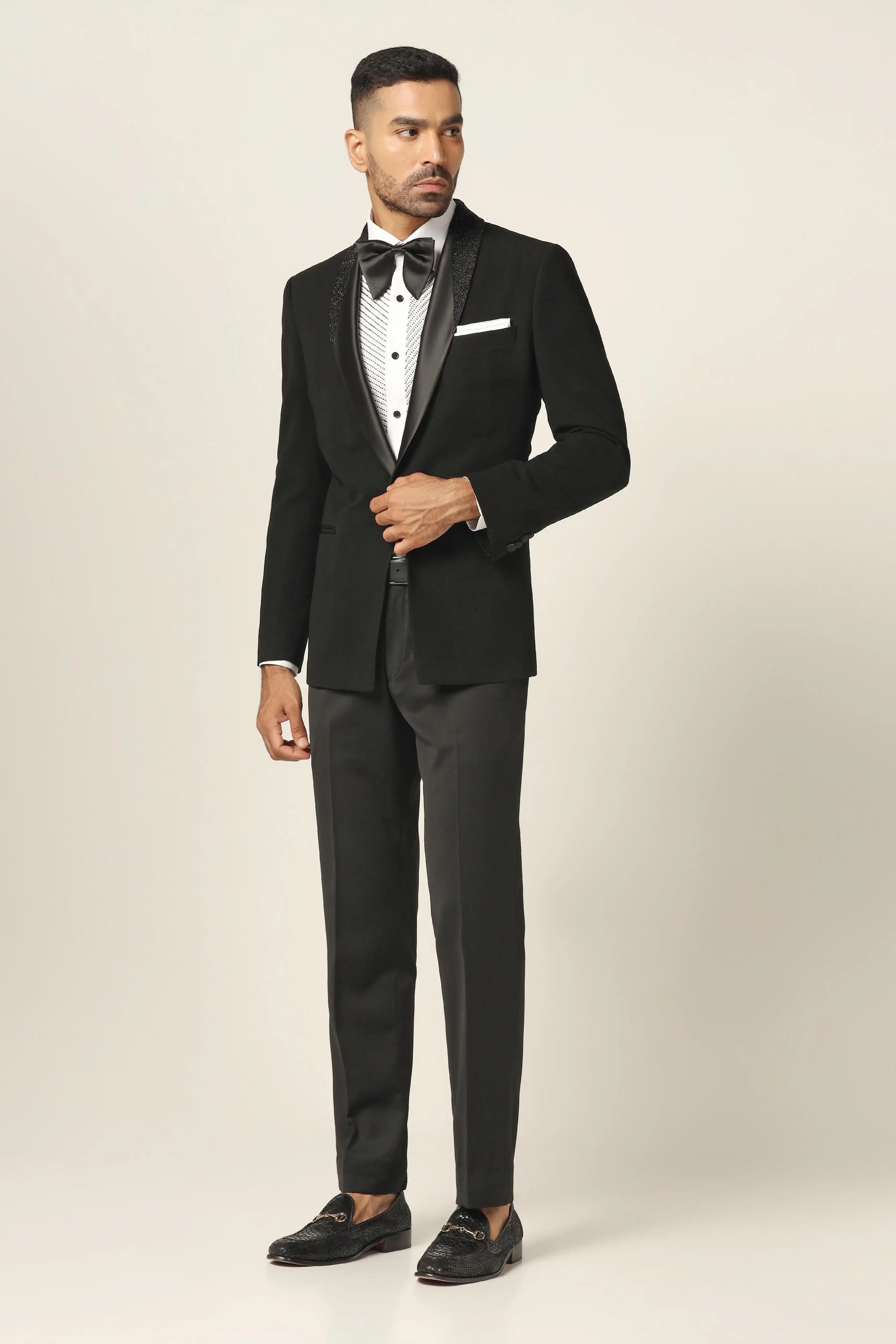Distinguished elegance in our Navy Tuxedo. Satin shawl collar with subtle embroidery. Shop Now!