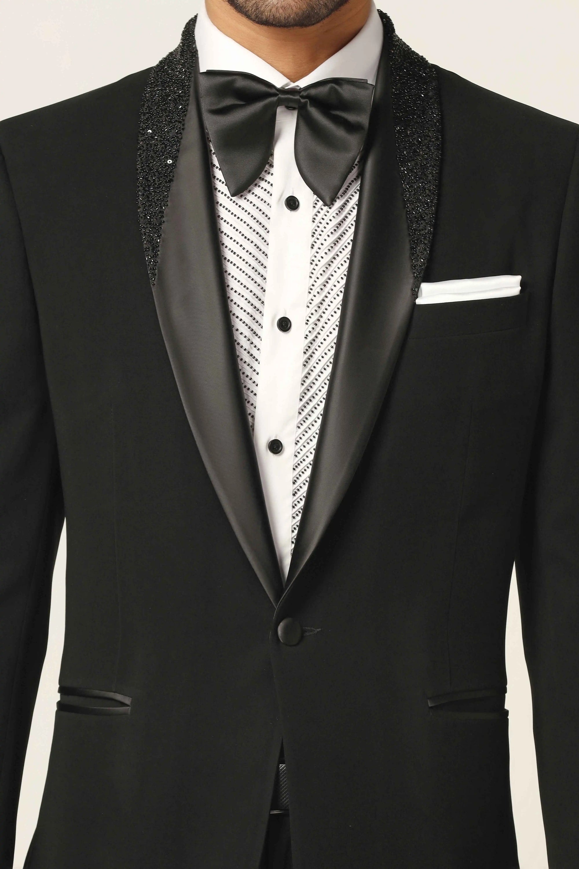 Distinguished elegance in our Navy Tuxedo. Satin shawl collar with subtle embroidery. Shop Now!