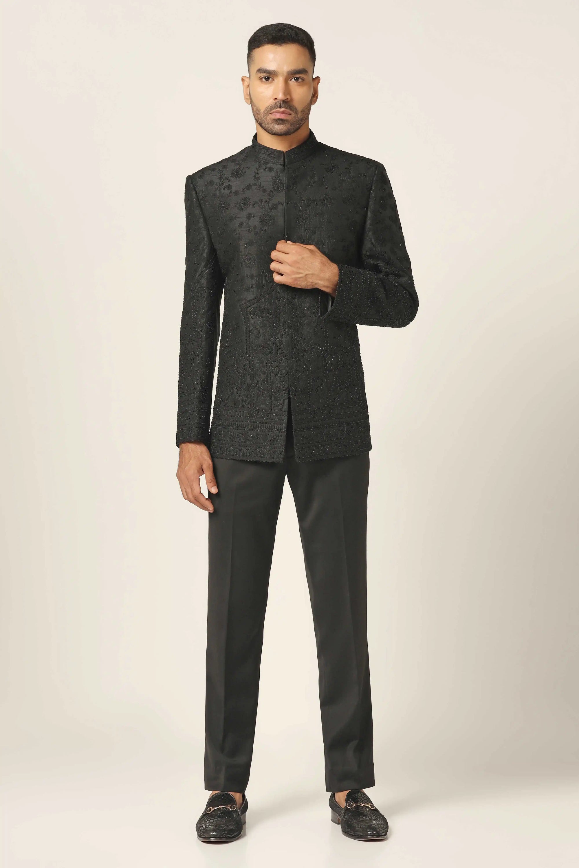 Upgrade your wardrobe with the Black Aari Work Bandhgala Suit. for refined style Shop Now!