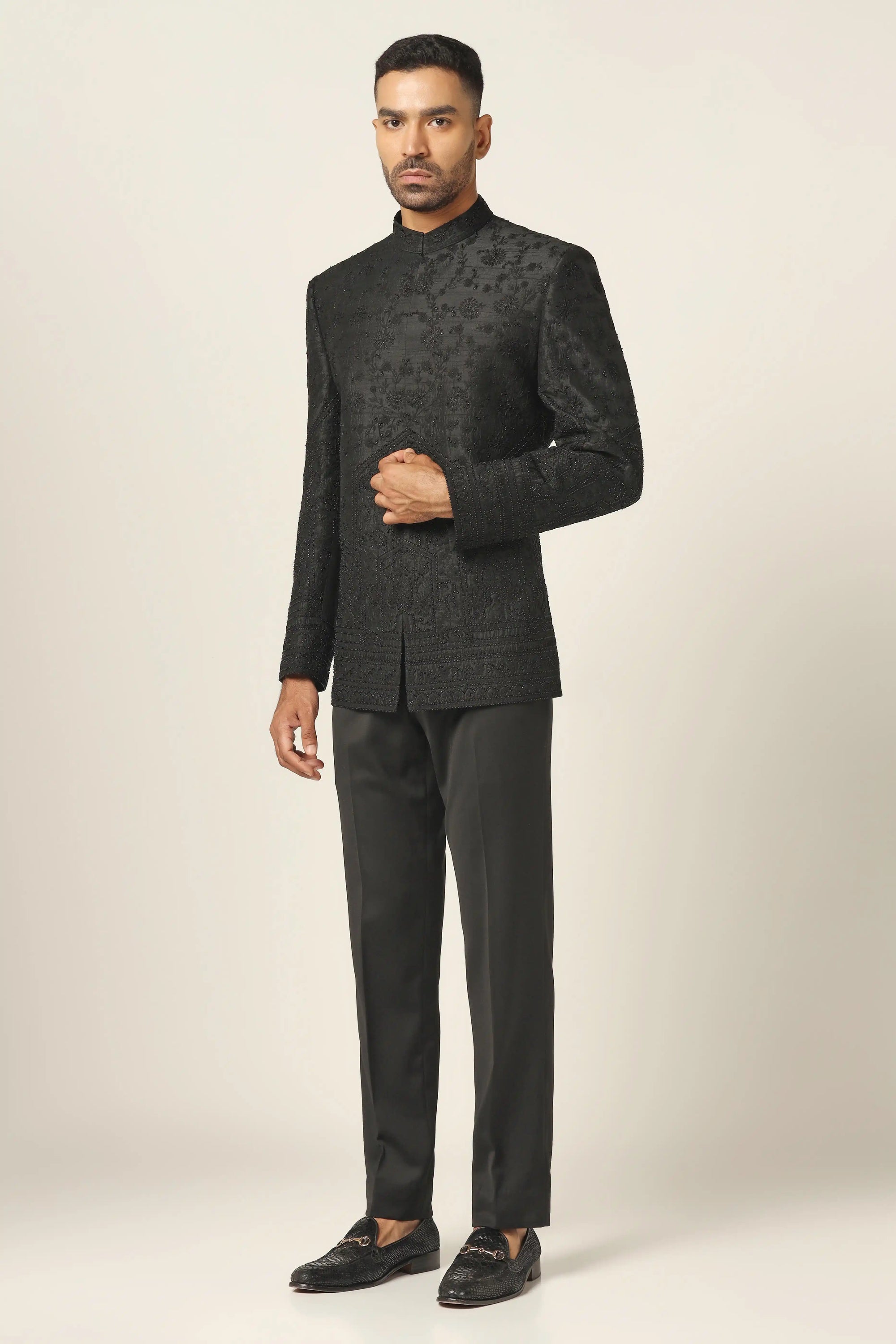 Upgrade your wardrobe with the Black Aari Work Bandhgala Suit. for refined style Shop Now!