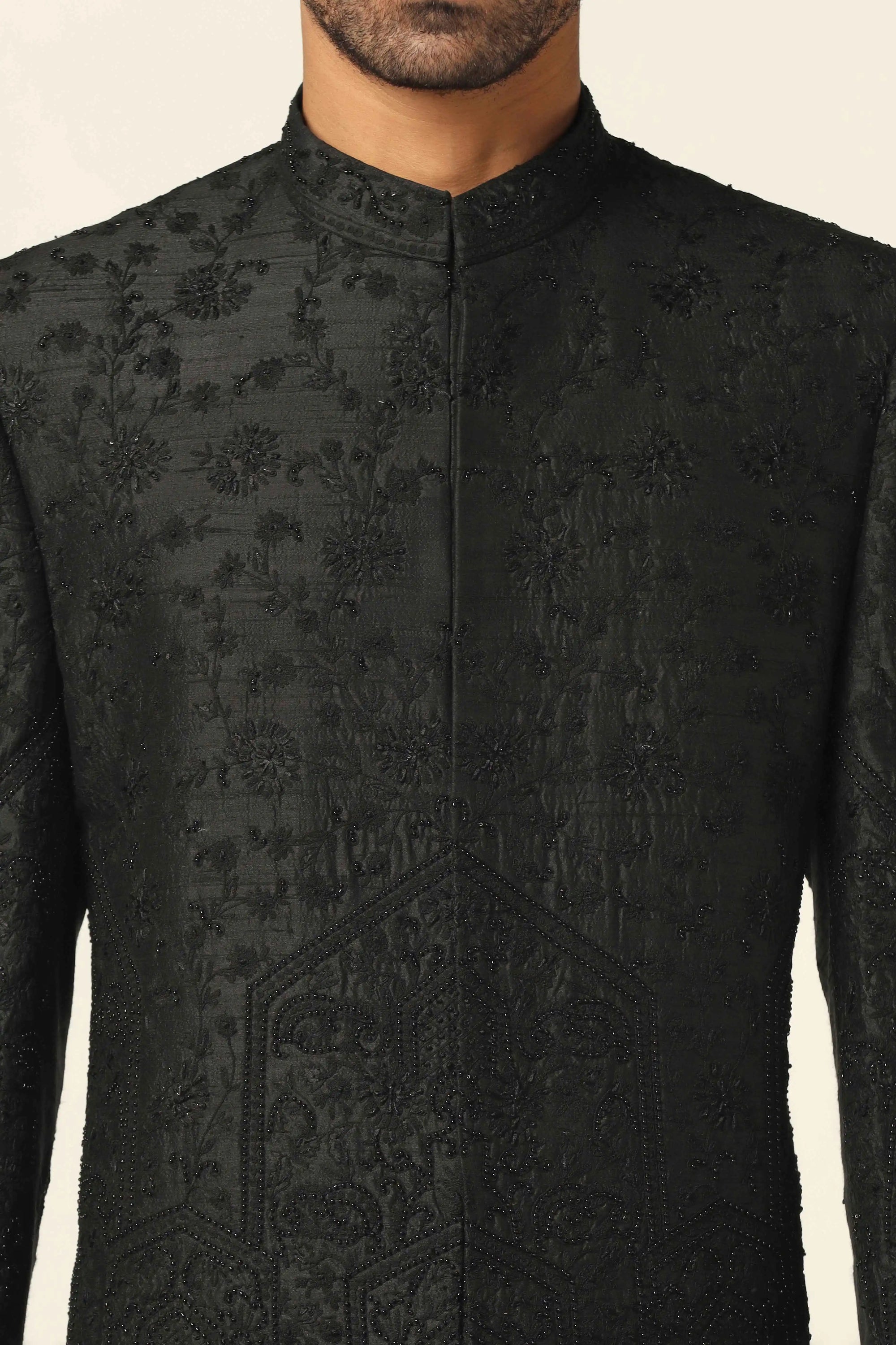 Upgrade your wardrobe with the Black Aari Work Bandhgala Suit. for refined style Shop Now!