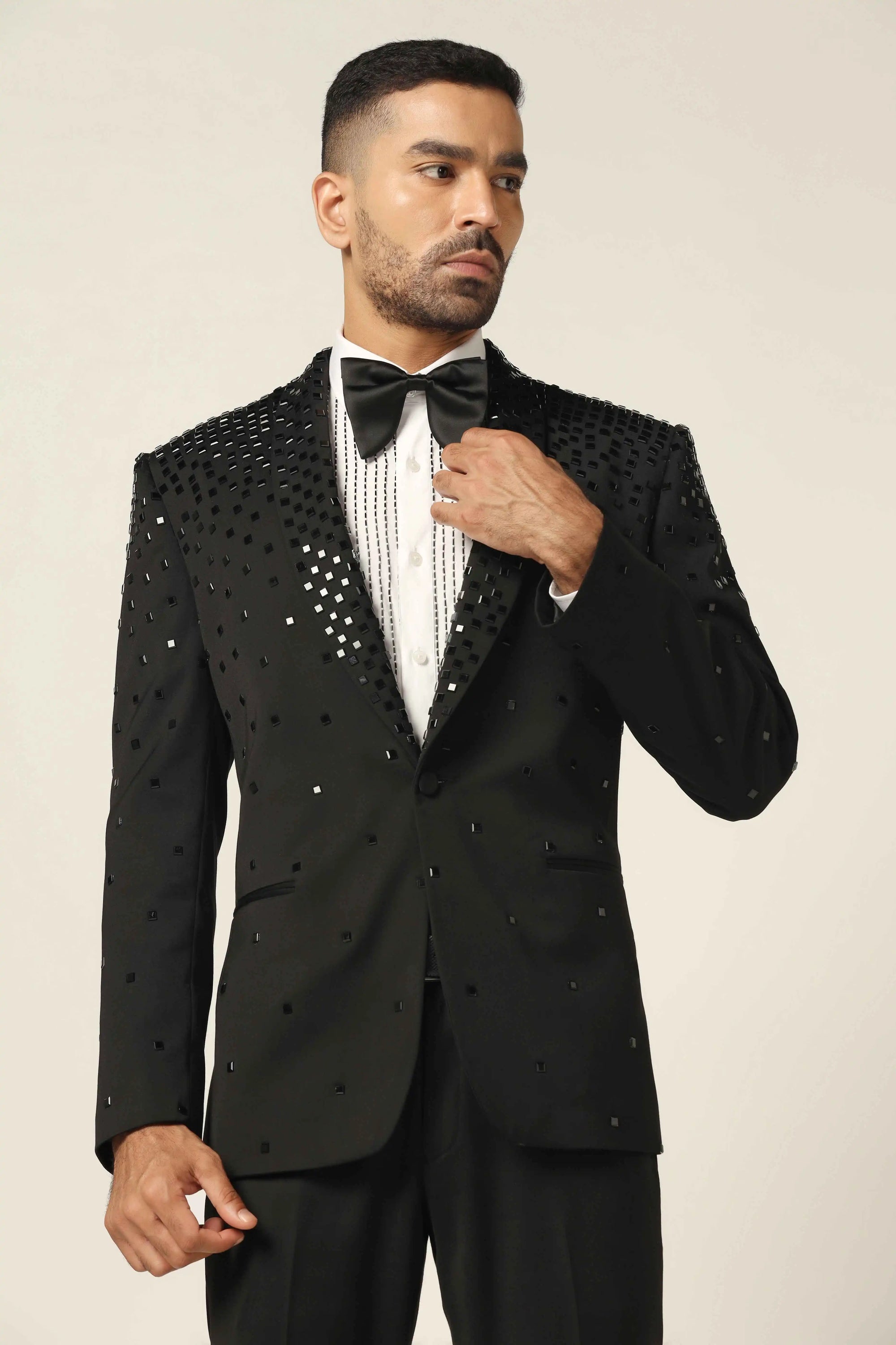 Elevate your style with our Black Mirror Embroidery Men’s Tuxedo. Shop Now!