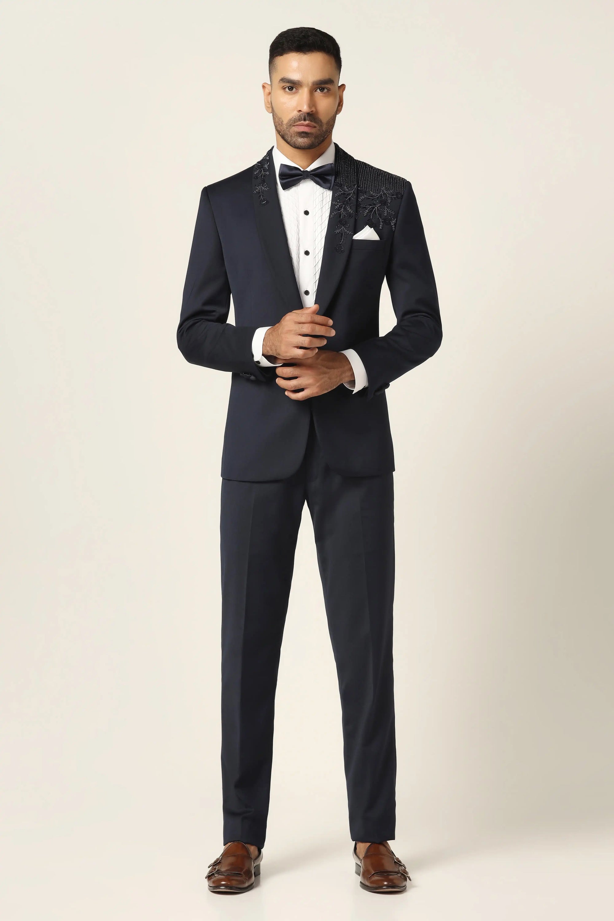 Elevate your formal look with our Navy Blue Contrast Tuxedo. Shop Now!