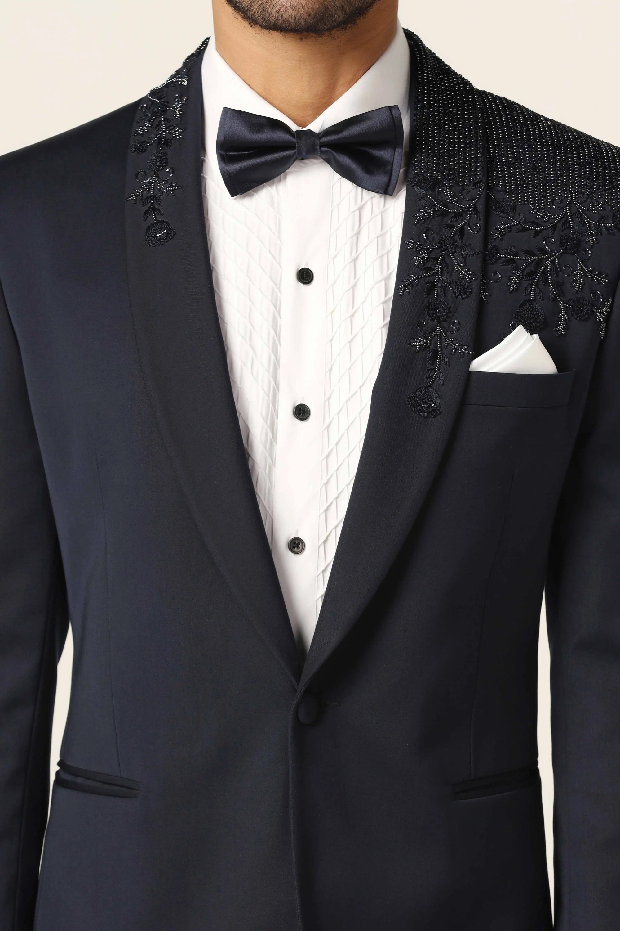 Elevate your formal look with our Navy Blue Contrast Tuxedo. Shop Now!