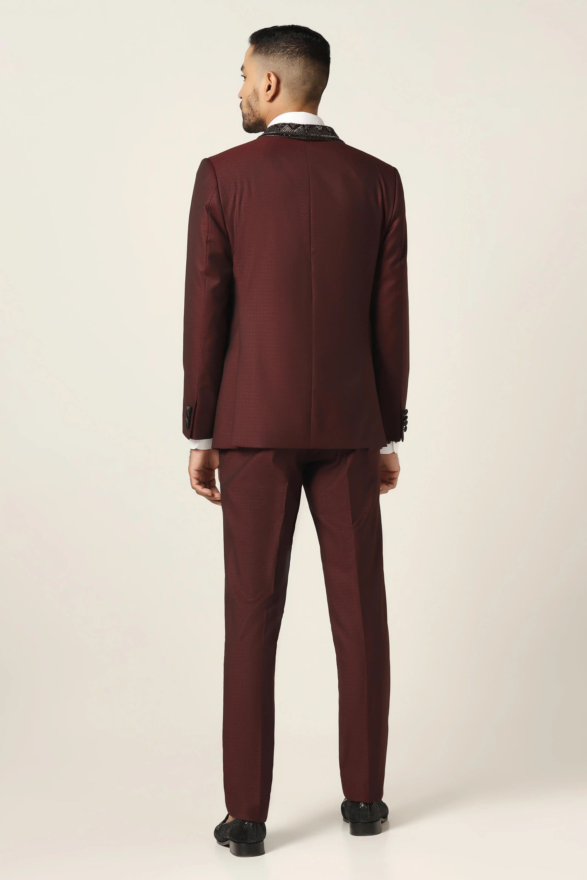 Elevate your style with our Wine Embroidered Tuxedo. Shop Now!